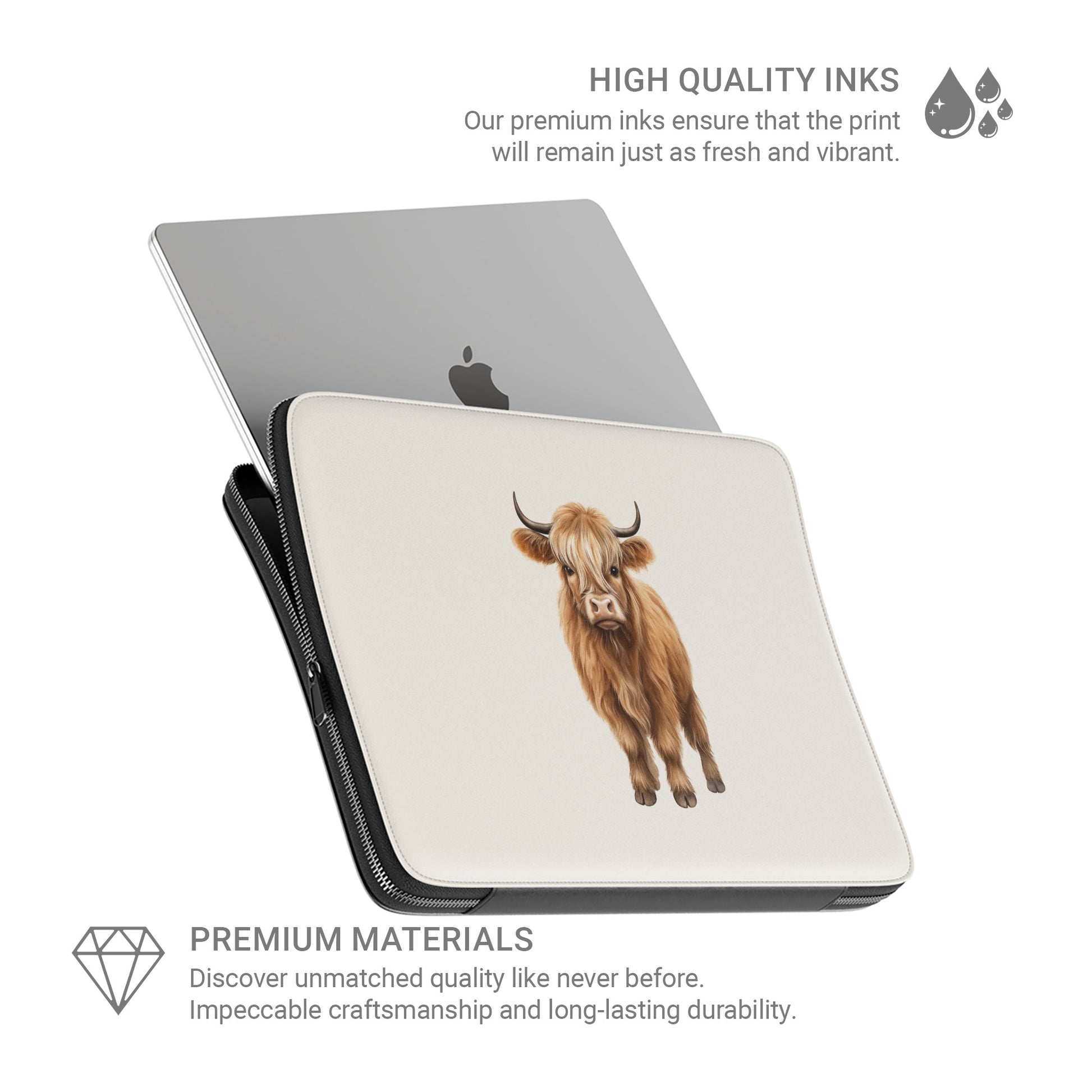 Cute Highland cow illustration on beige background for Moo-na Lisa laptop sleeve with cosy neutral aesthetic