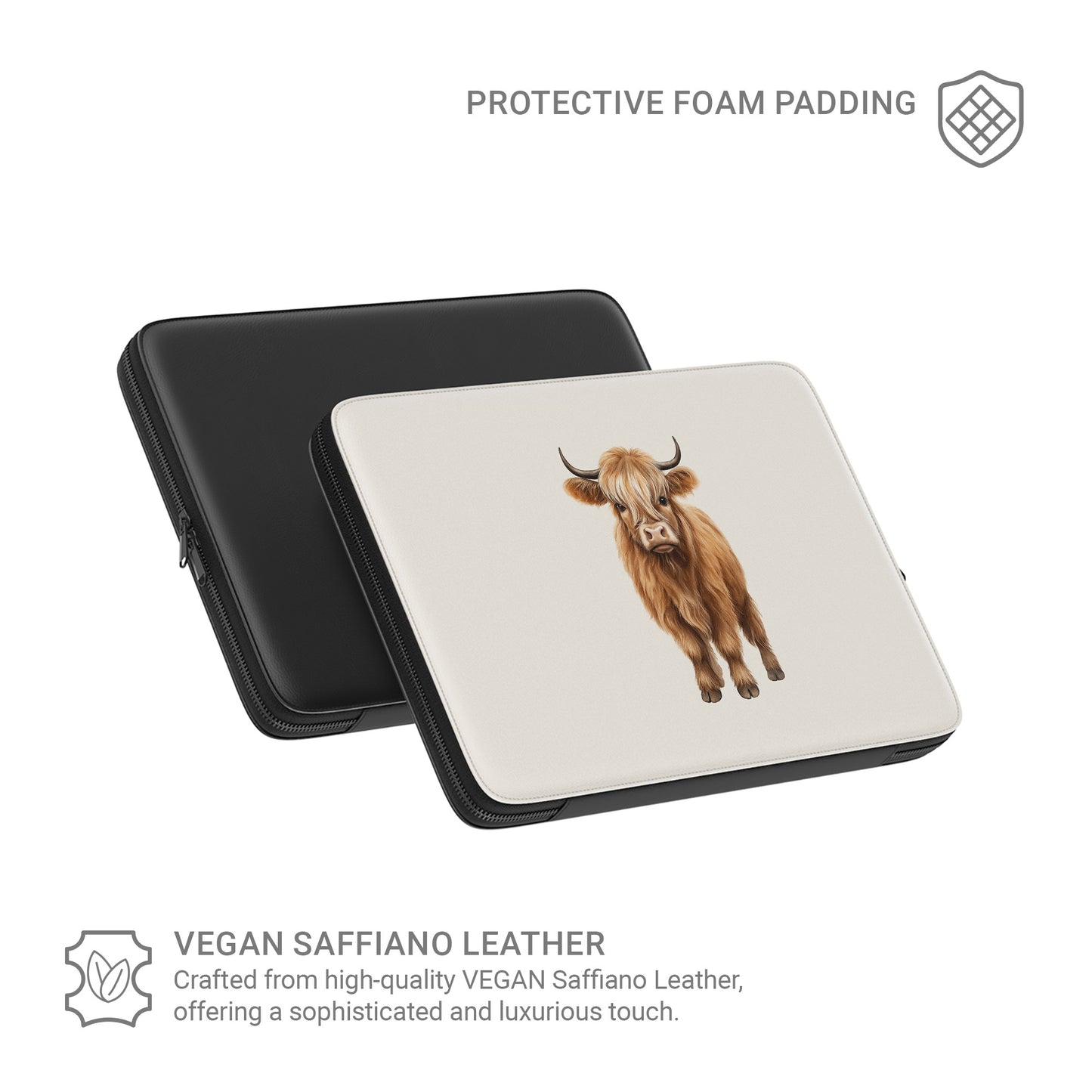 Cute Highland cow illustration on beige background for Moo-na Lisa laptop sleeve with cosy neutral aesthetic