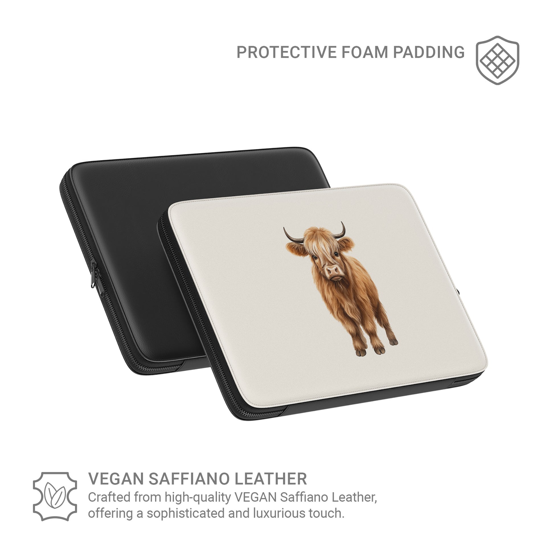 Cute Highland cow illustration on beige background for Moo-na Lisa laptop sleeve with cosy neutral aesthetic