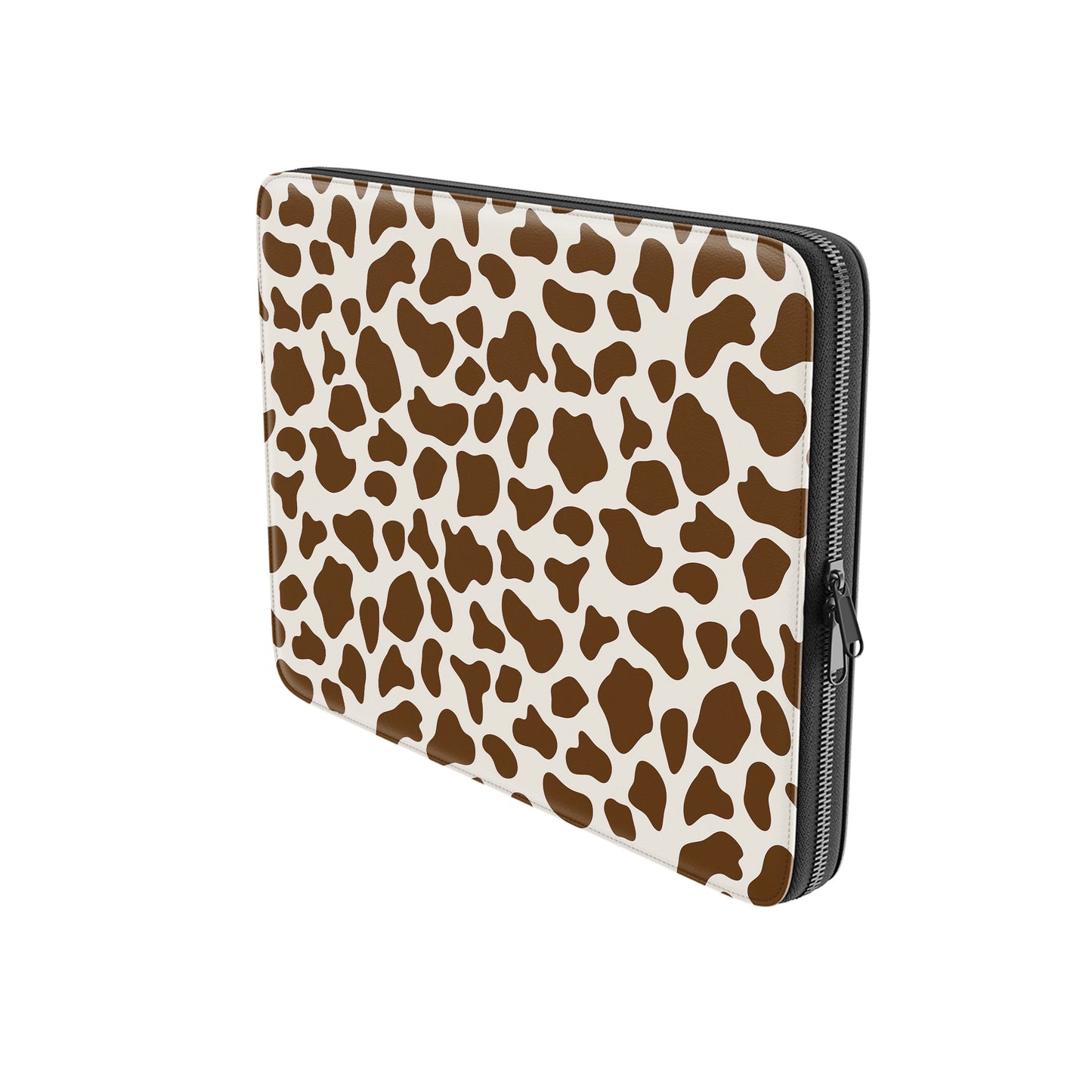 Brown and cream cow print pattern on Moocha Latte laptop sleeve with soft neutral aesthetic