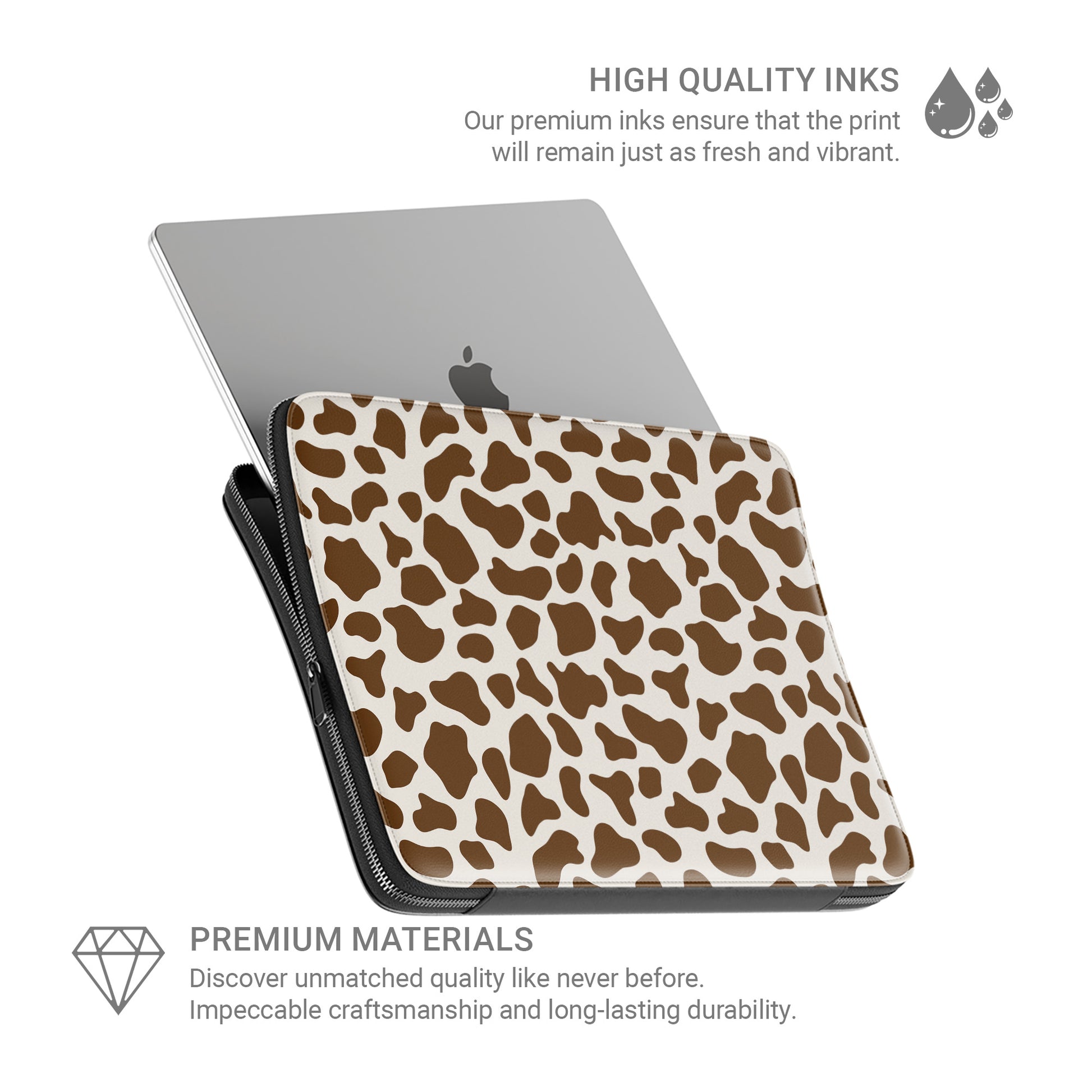 Brown and cream cow print pattern on Moocha Latte laptop sleeve with soft neutral aesthetic
