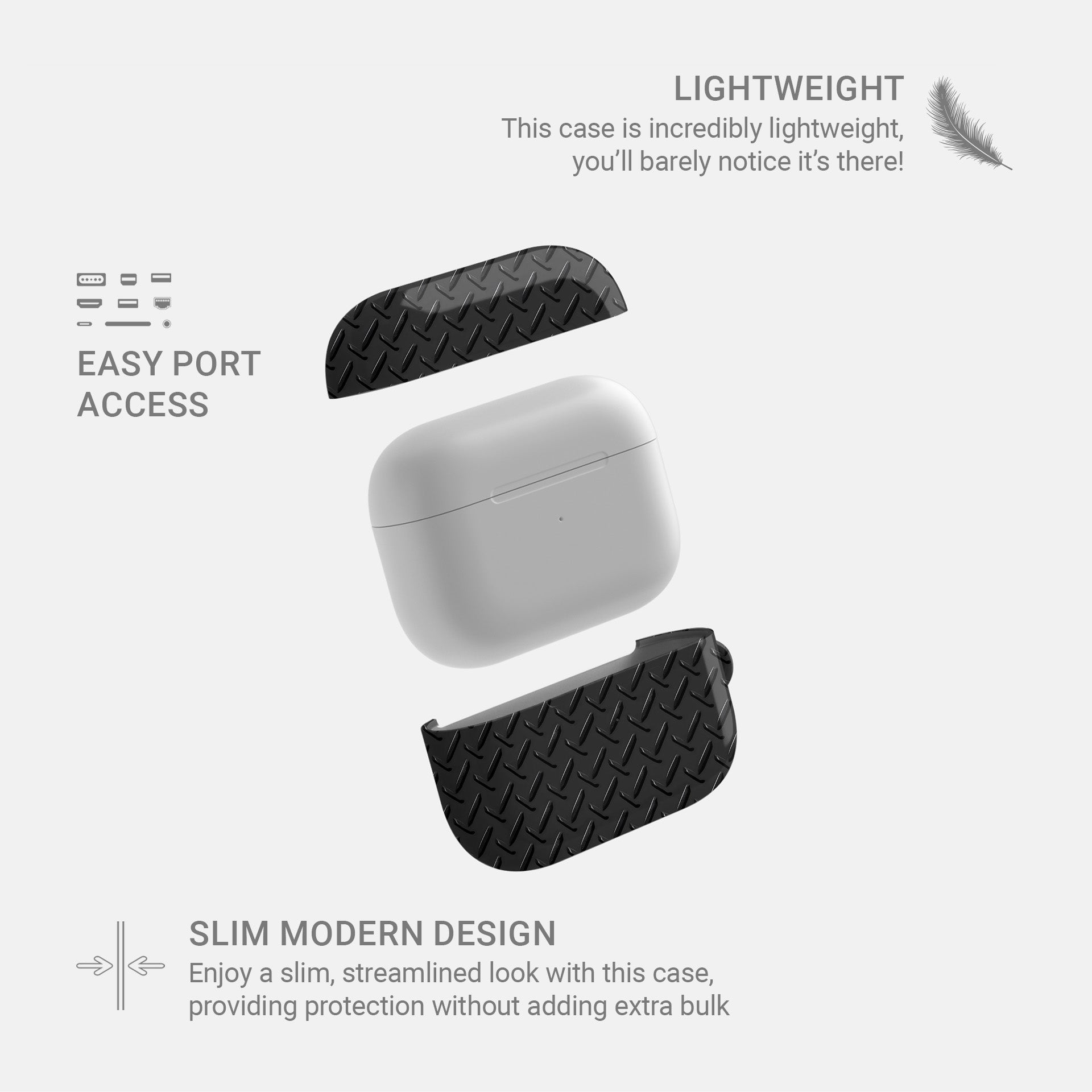 Nightfall Tread AirPods tough case with black tread plate style print and glossy smooth finish
