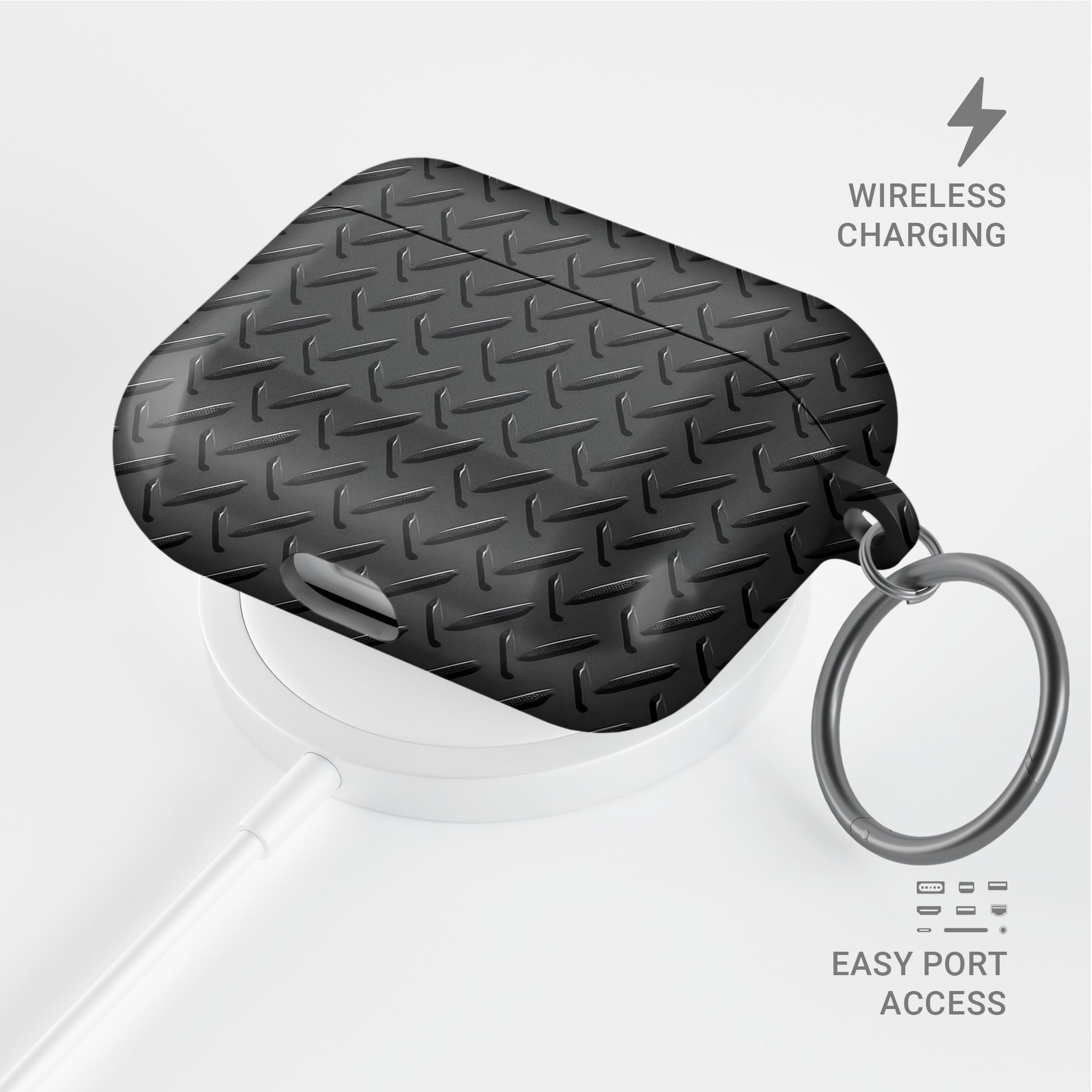 Nightfall Tread AirPods tough case with black tread plate style print and glossy smooth finish