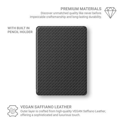 Nightfall Tread Apple iPad case with black tread plate design, vegan Saffiano leather exterior and slim folio style with Apple Pencil holder