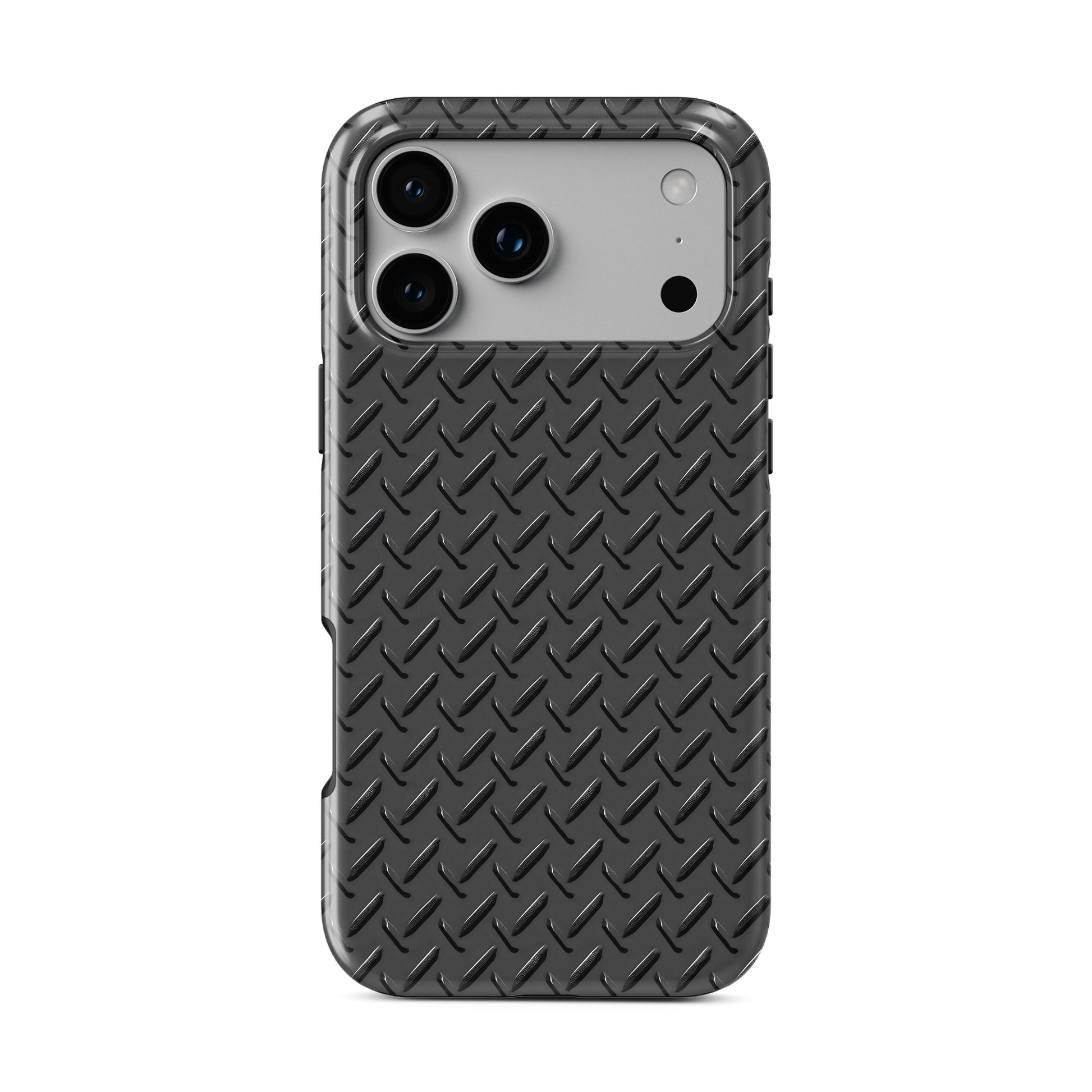 Glossy black tread-plate metal pattern printed on a dual-layer MagSafe tough phone case with industrial styling.
