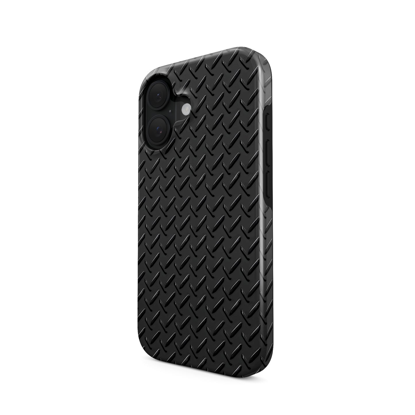 Glossy black tread-plate metal pattern printed on a dual-layer MagSafe tough phone case with industrial styling.