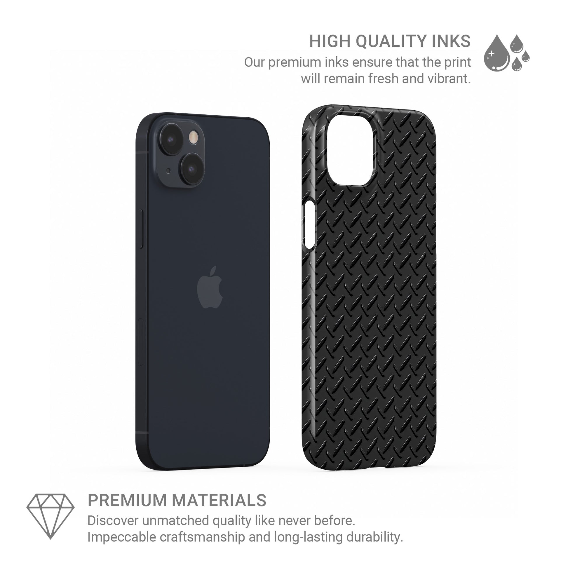 Glossy black tread-plate pattern printed on a smooth, slim snap phone case with industrial styling.