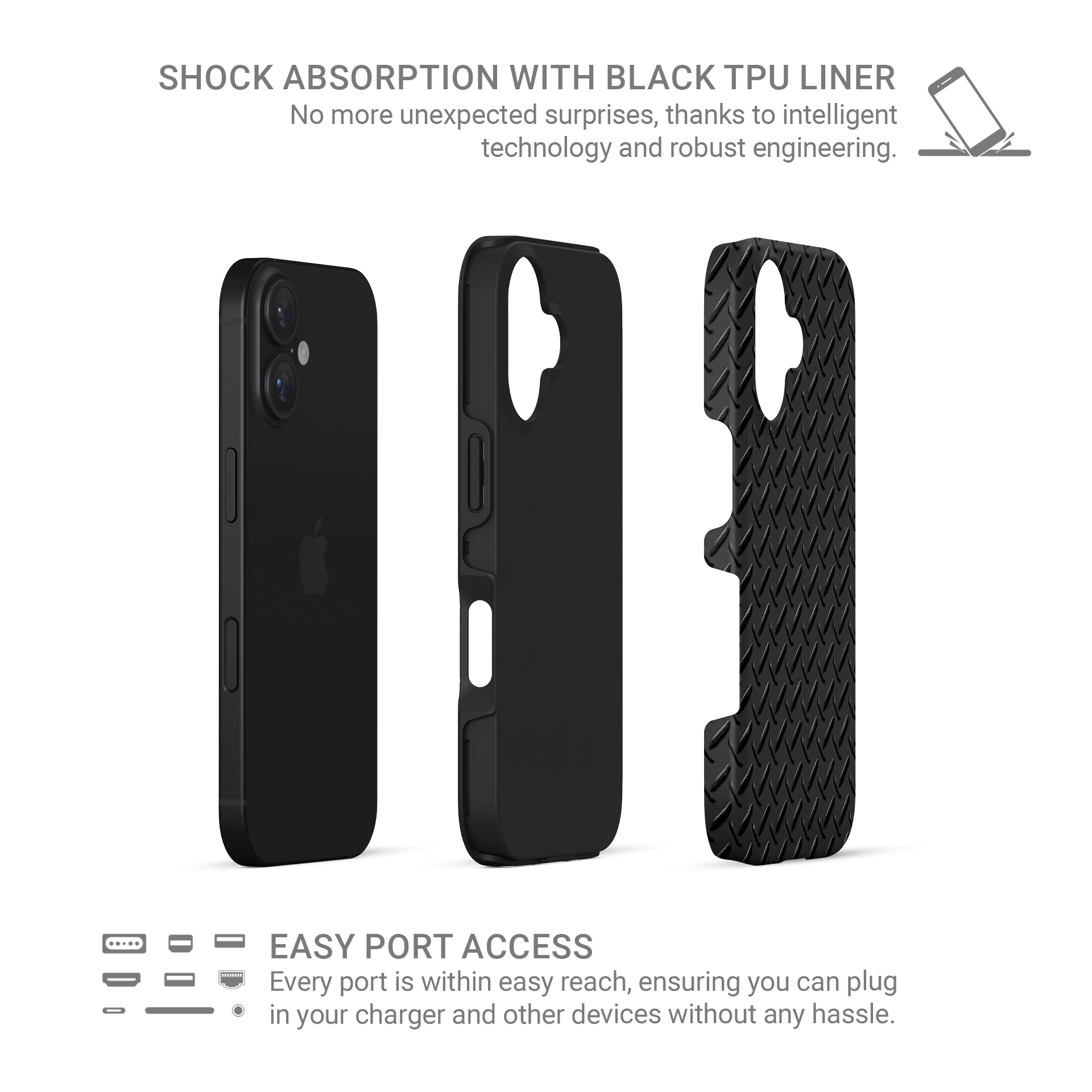 Glossy black printed tread plate pattern with industrial design on a smooth tough phone case.