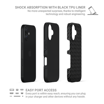 Glossy black printed tread plate pattern with industrial design on a smooth tough phone case.