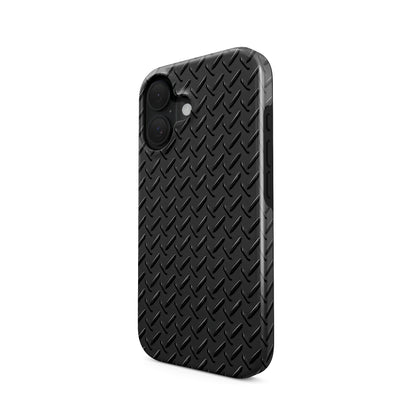 Glossy black printed tread plate pattern with industrial design on a smooth tough phone case.