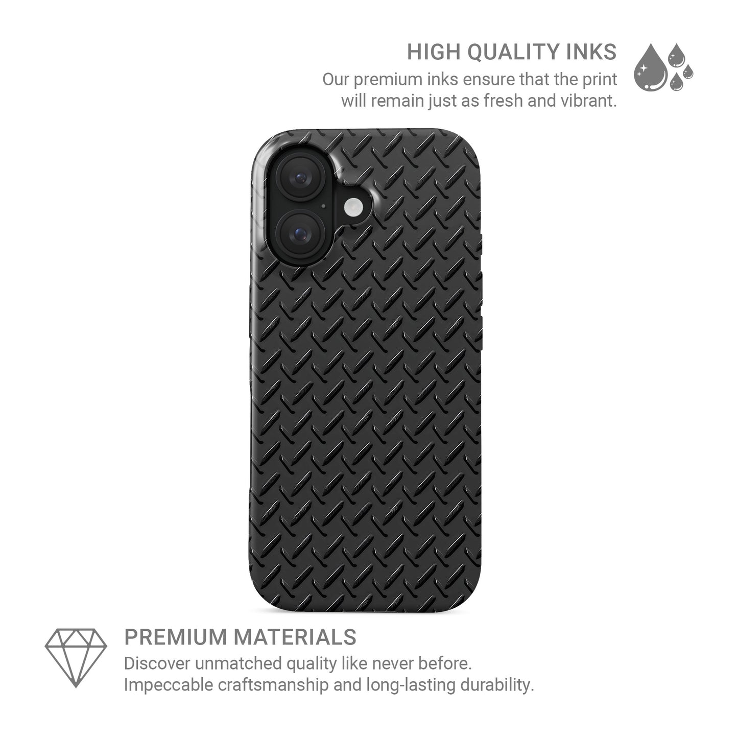 Glossy black printed tread plate pattern with industrial design on a smooth tough phone case.