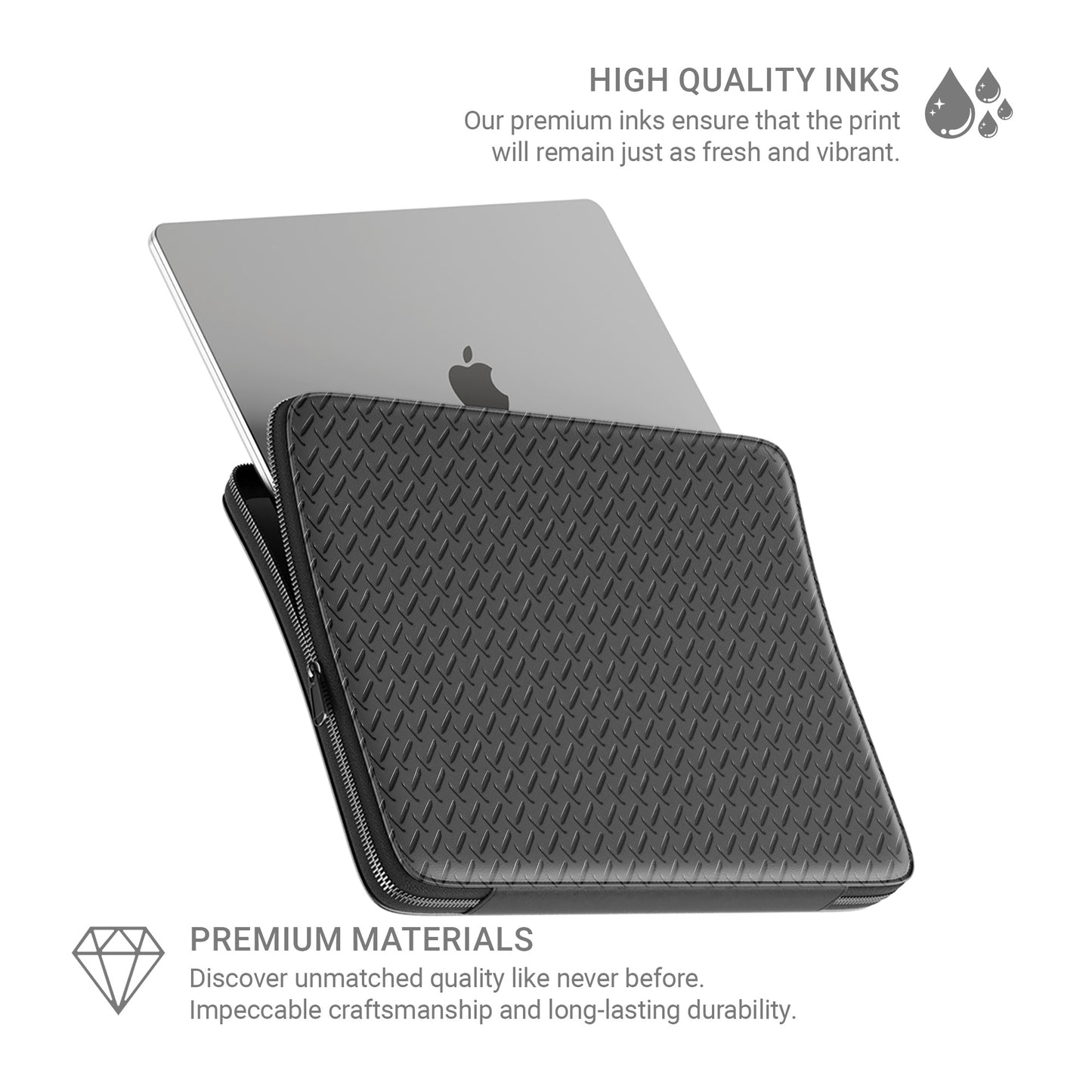 Black tread plate pattern laptop sleeve with industrial texture, slim padded design and metal zip closure