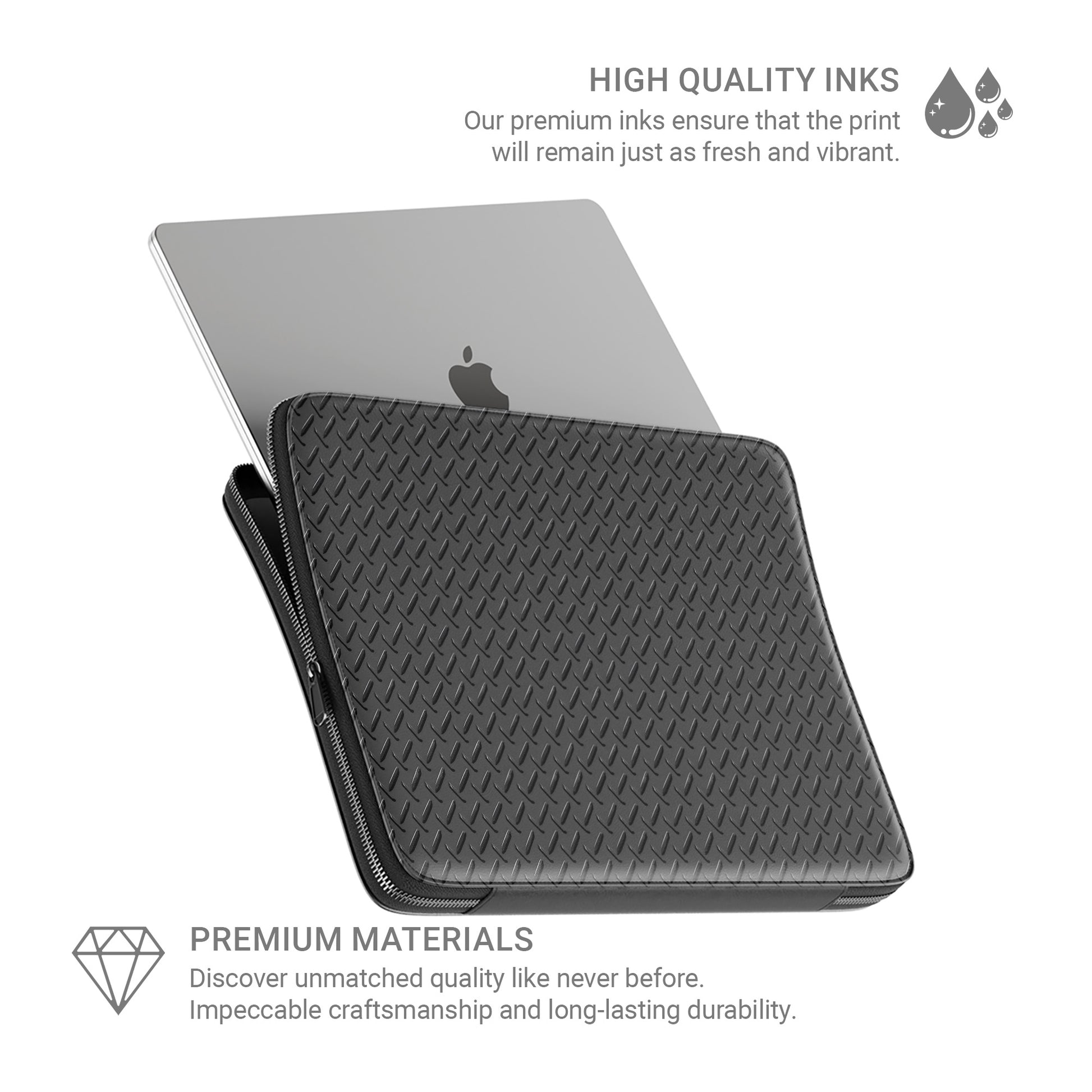Black tread plate pattern laptop sleeve with industrial texture, slim padded design and metal zip closure