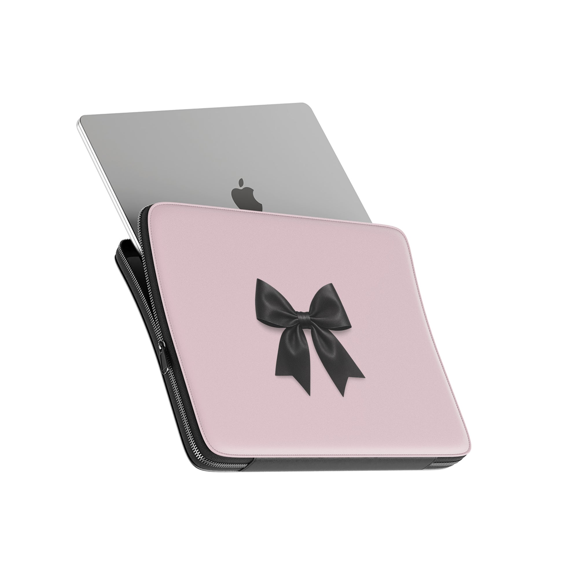 pink laptop sleeve with black satin bow design and padded protective finish