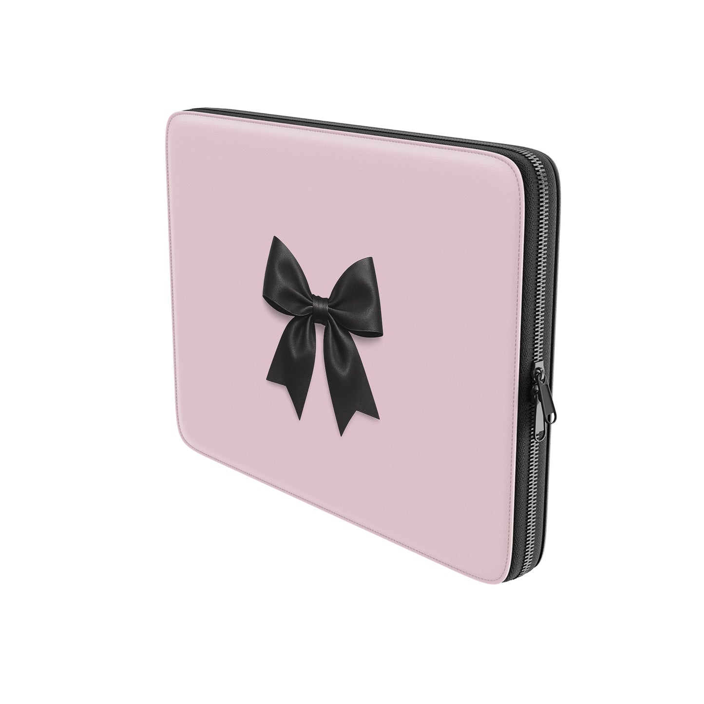 pink laptop sleeve with black satin bow design and padded protective finish
