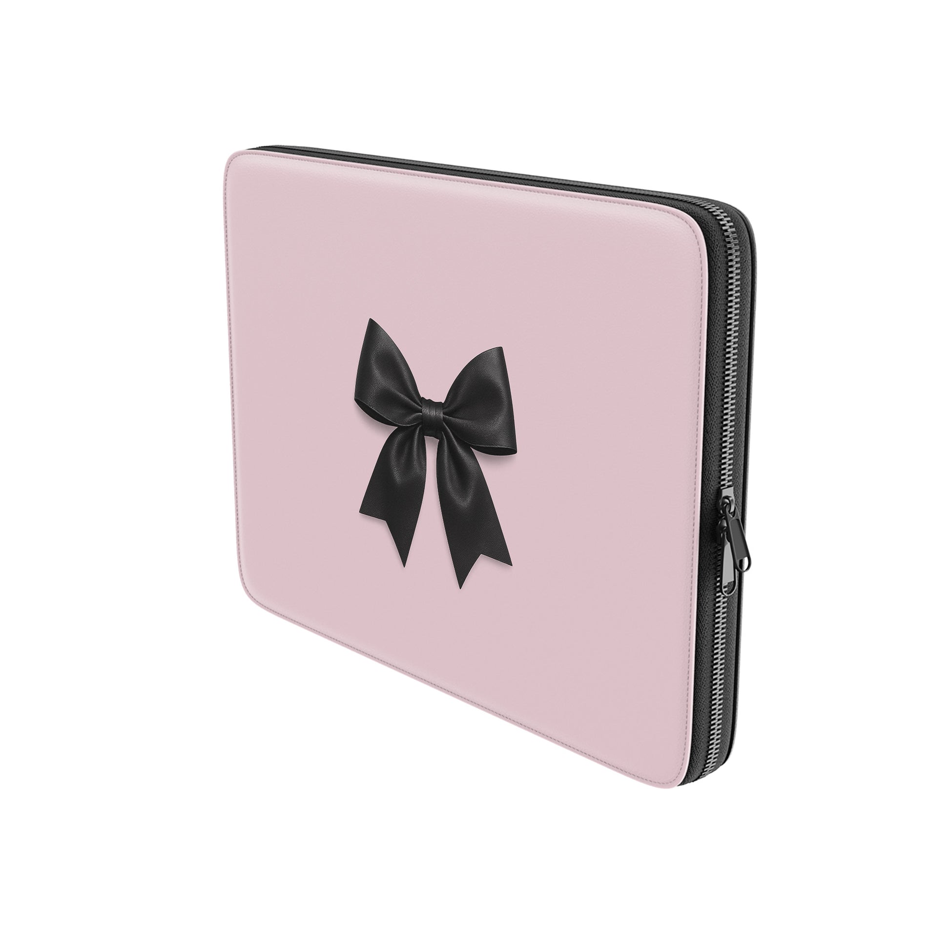 pink laptop sleeve with black satin bow design and padded protective finish