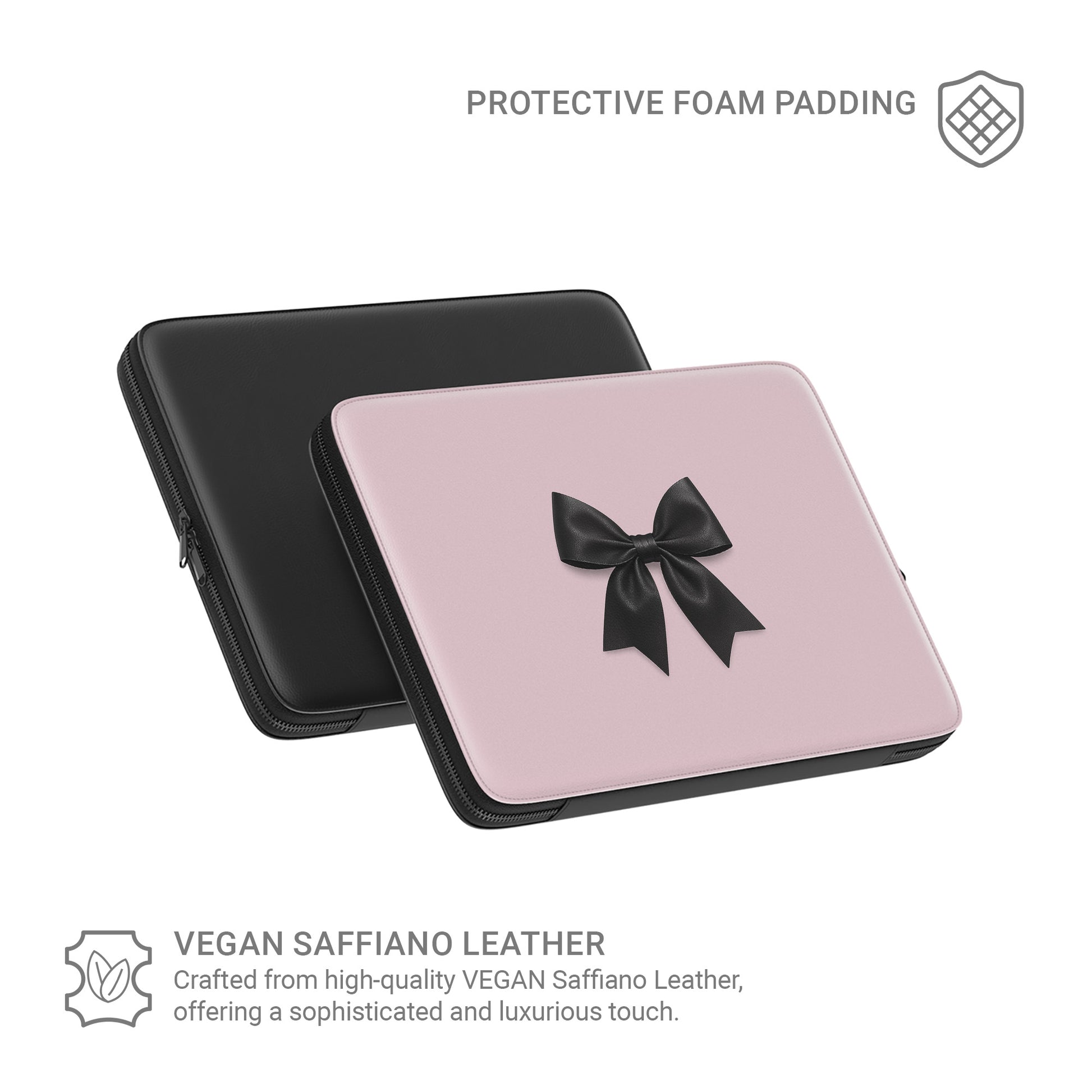 pink laptop sleeve with black satin bow design and padded protective finish