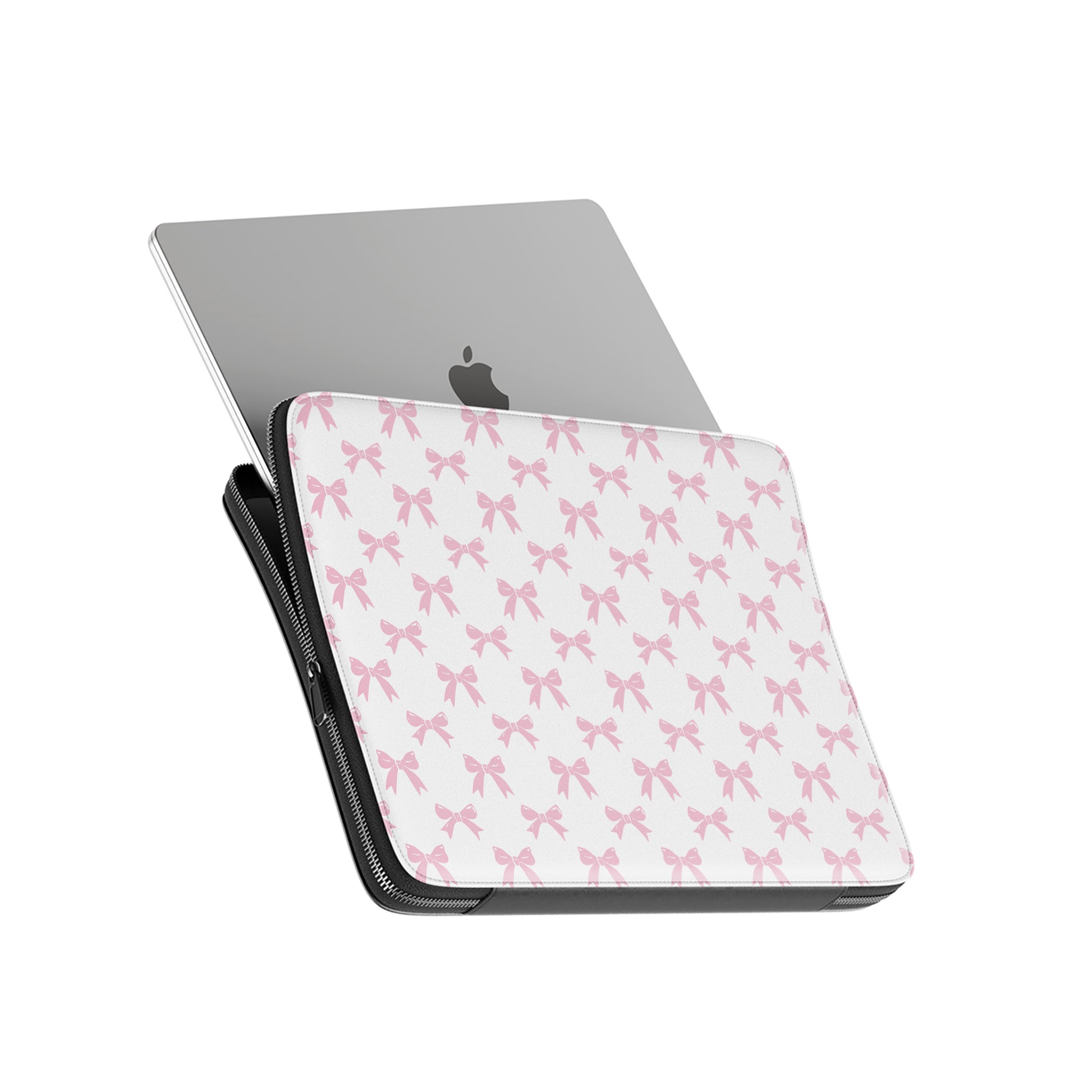 White laptop sleeve with pastel pink bow pattern and soft padded protective design