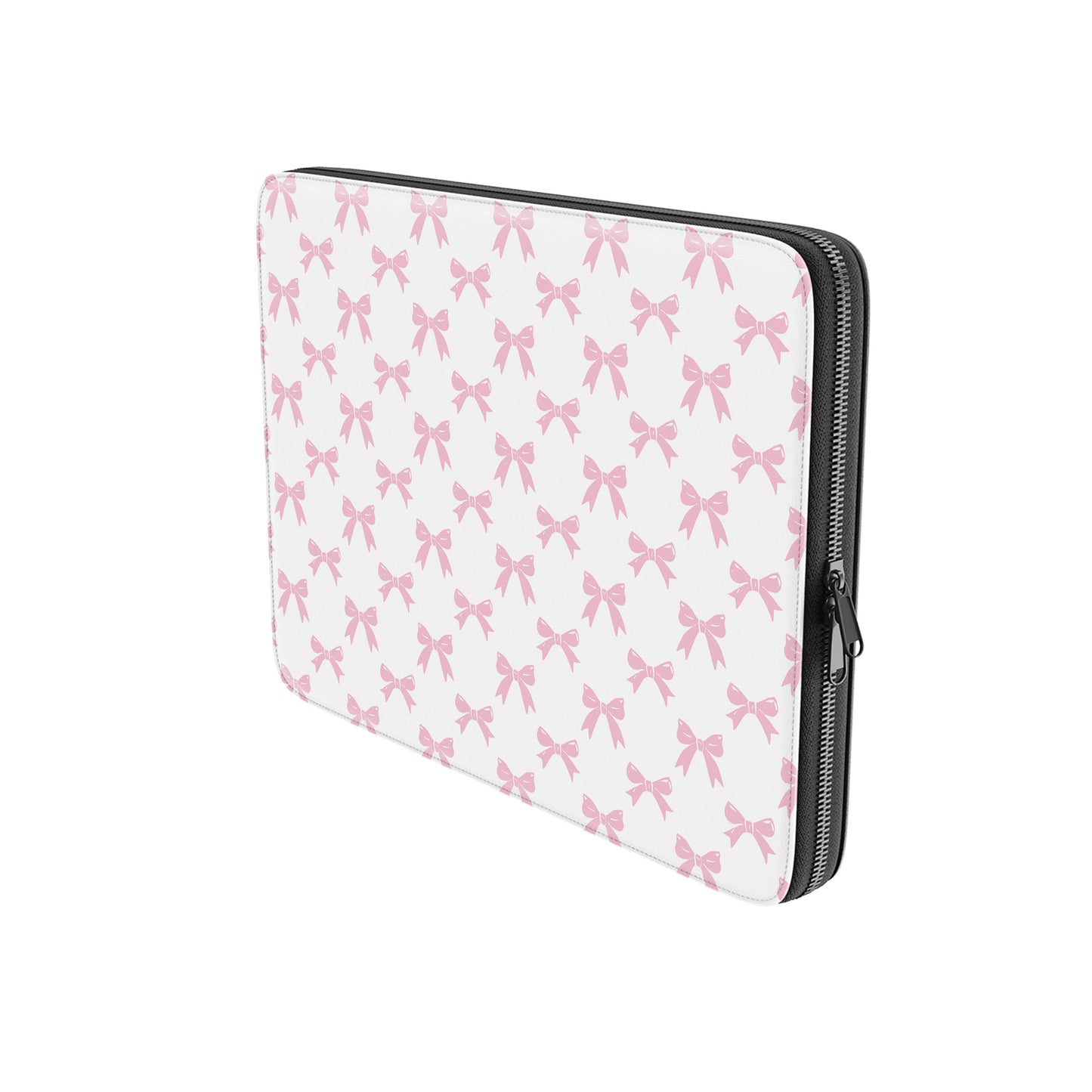 White laptop sleeve with pastel pink bow pattern and soft padded protective design