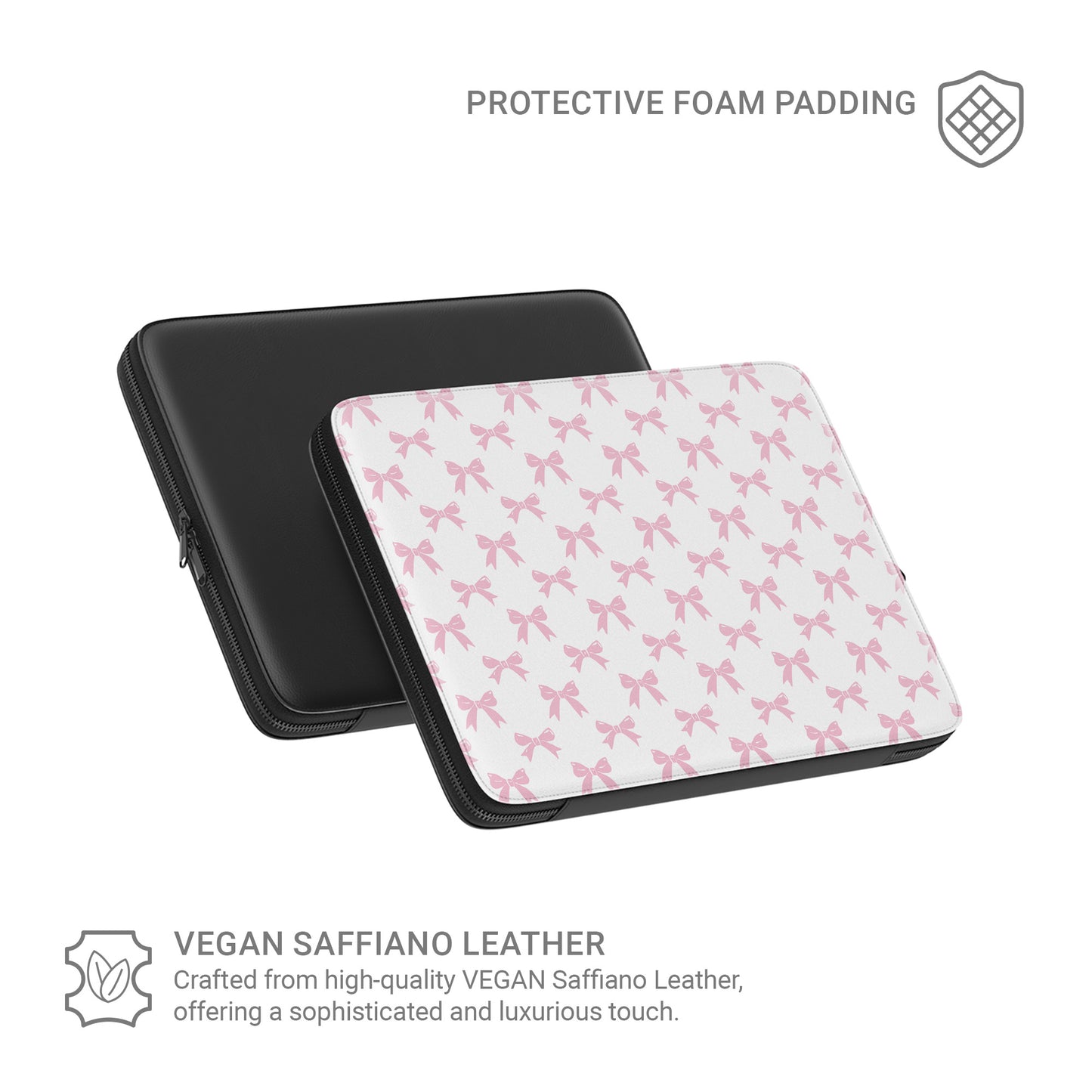 White laptop sleeve with pastel pink bow pattern and soft padded protective design