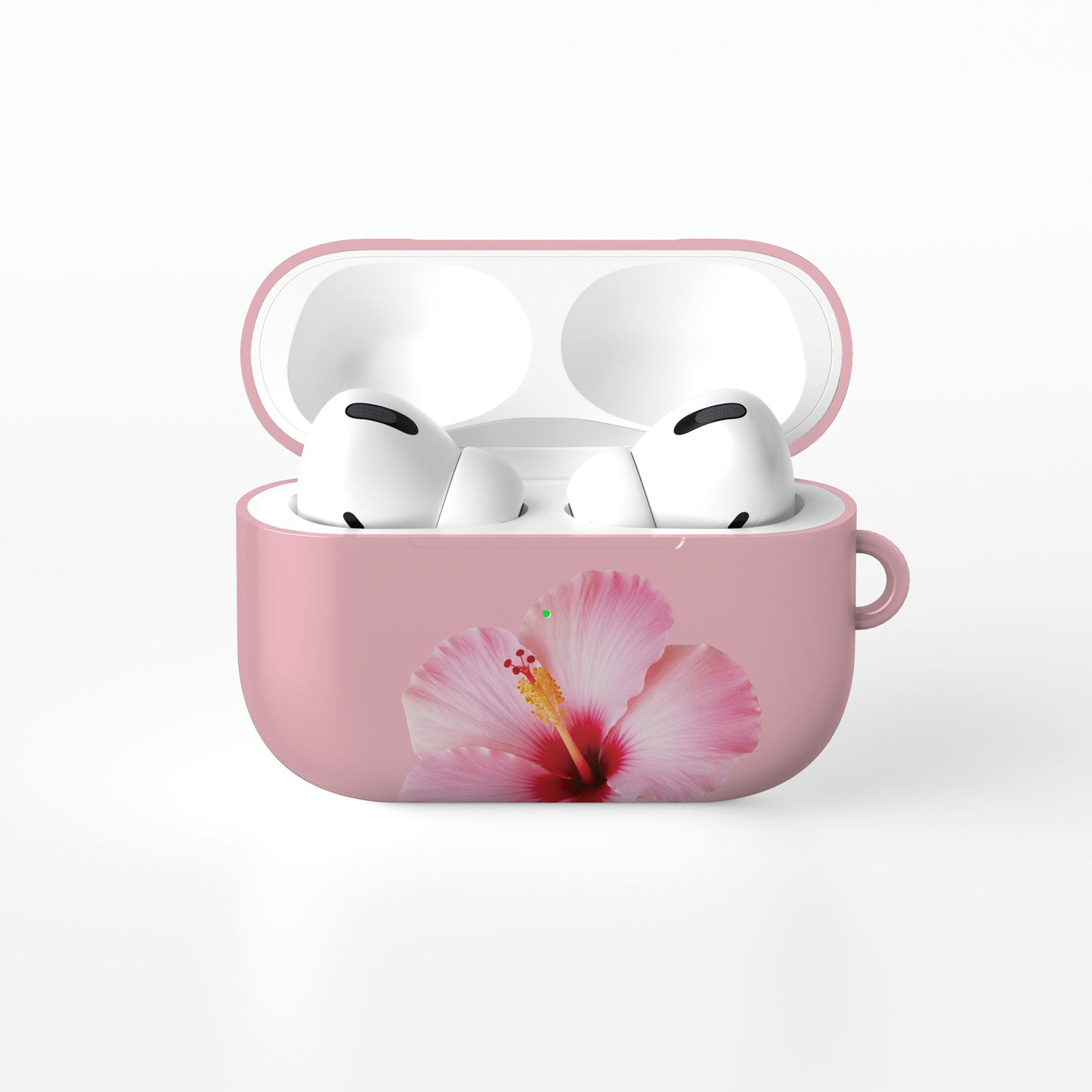 Pink hibiscus AirPods case with soft floral tropical print on a glossy Apple AirPods case by Case & Charm