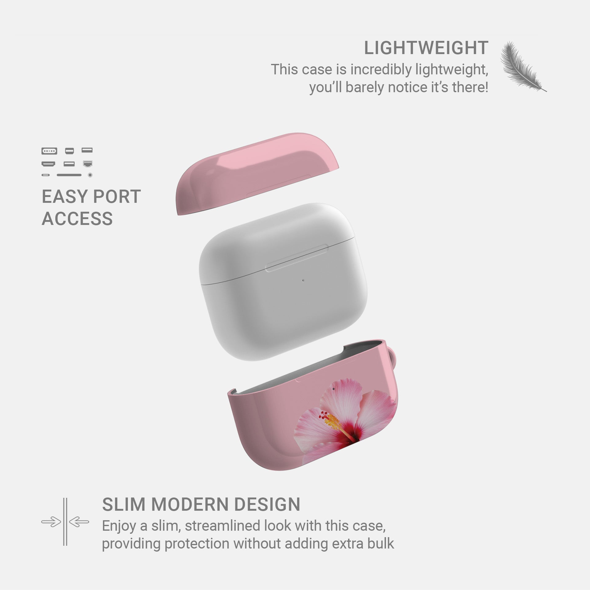 Pink hibiscus AirPods case with soft floral tropical print on a glossy Apple AirPods case by Case & Charm