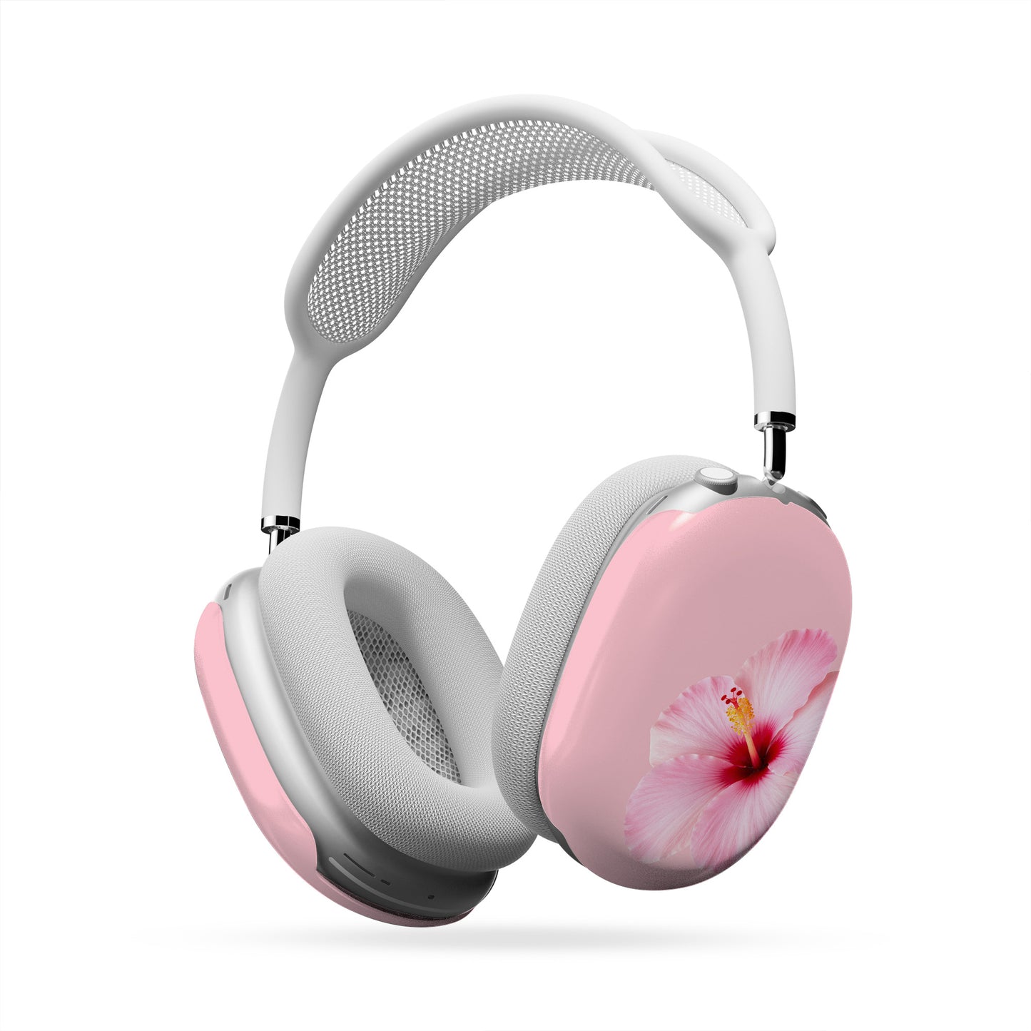 Pink hibiscus AirPods Max case with soft blush floral print on glossy headphone ear cup covers by Case & Charm.
