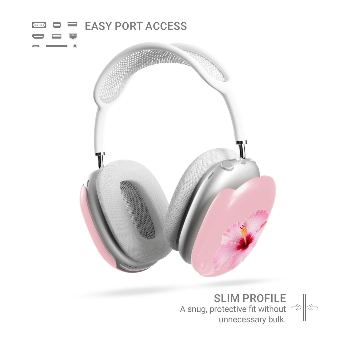 Pink hibiscus AirPods Max case with soft blush floral print on glossy headphone ear cup covers by Case & Charm.