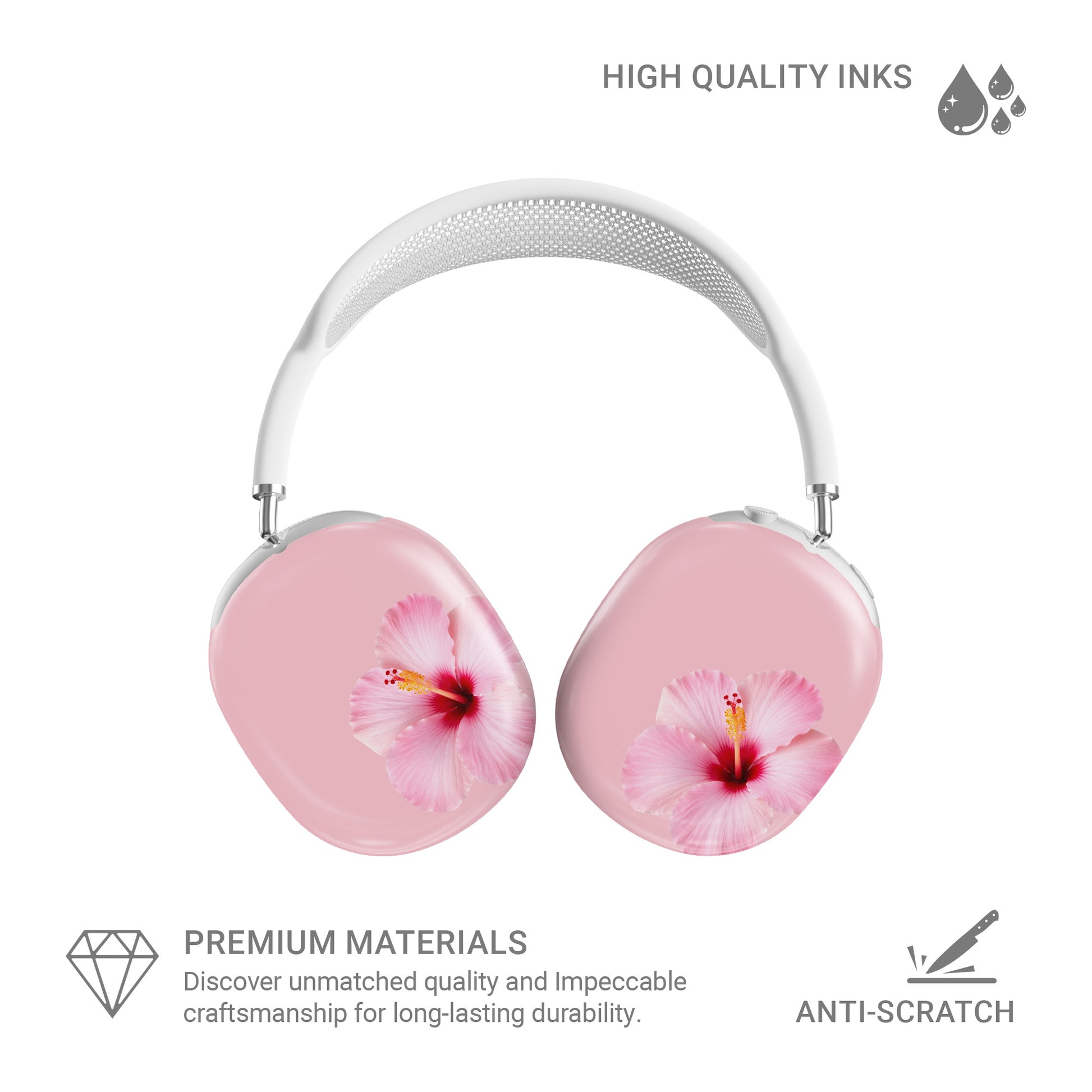 Pink hibiscus AirPods Max case with soft blush floral print on glossy headphone ear cup covers by Case & Charm.