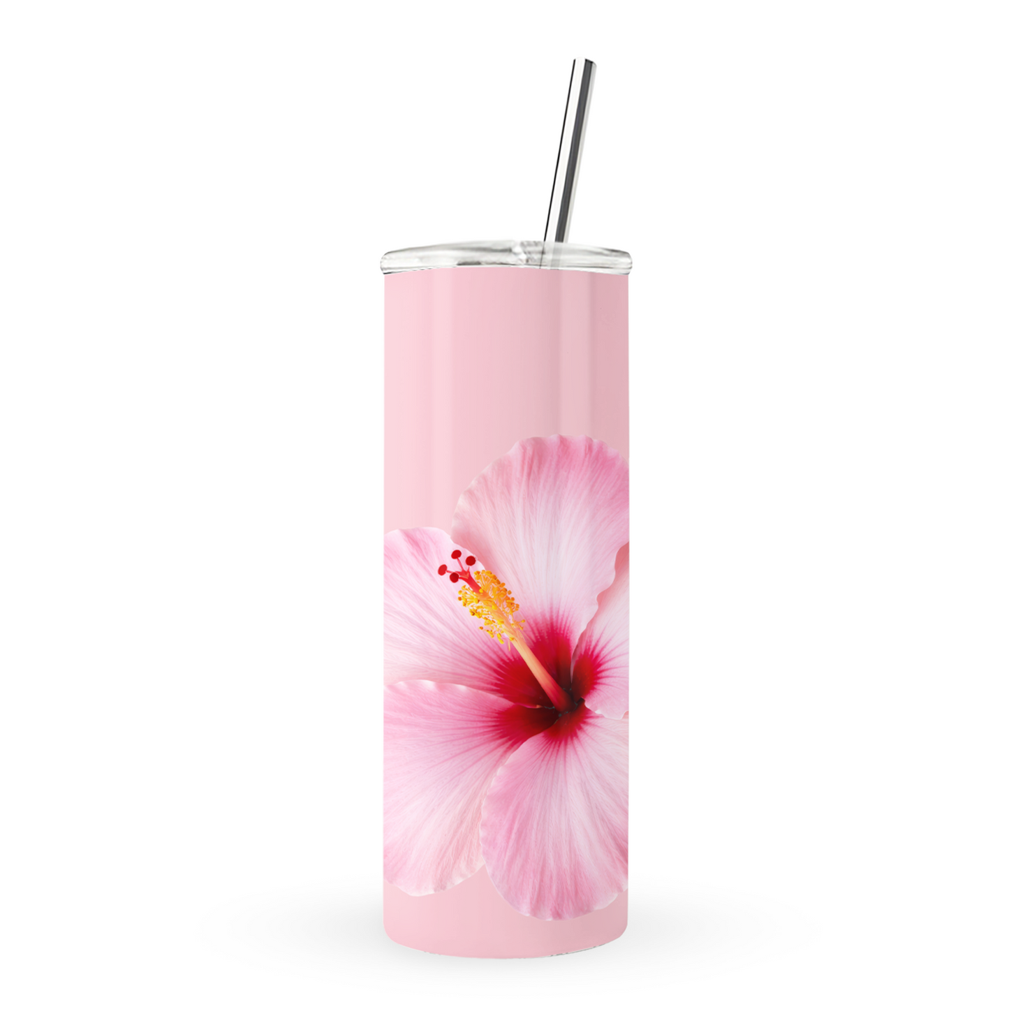 Pink hibiscus tumbler with soft blush floral print on a 20oz stainless steel travel cup by Case & Charm.
