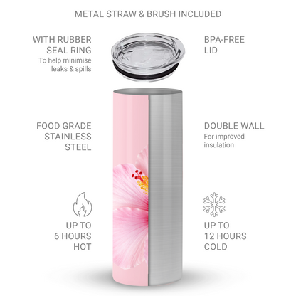 Pink hibiscus tumbler with soft blush floral print infographics