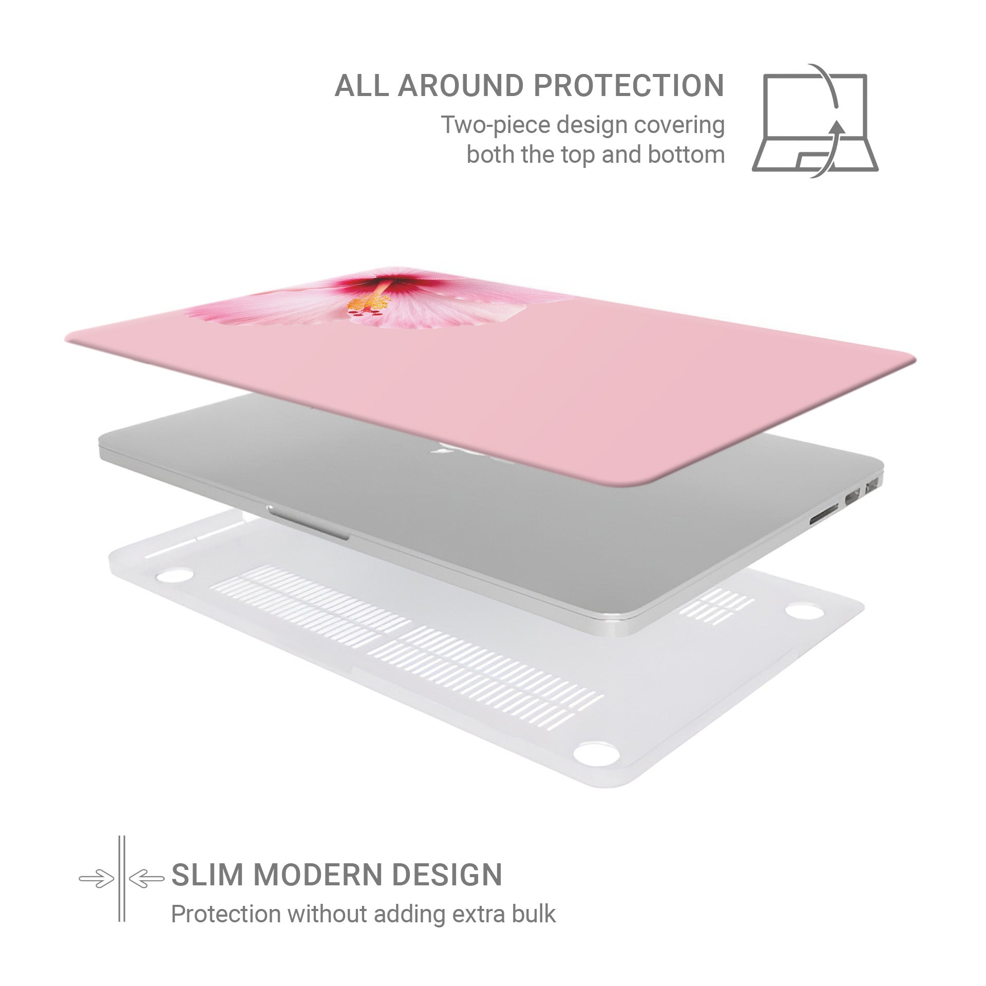 Pink hibiscus MacBook case with soft blush floral print on a slim hard shell Apple MacBook cover by Case & Charm.