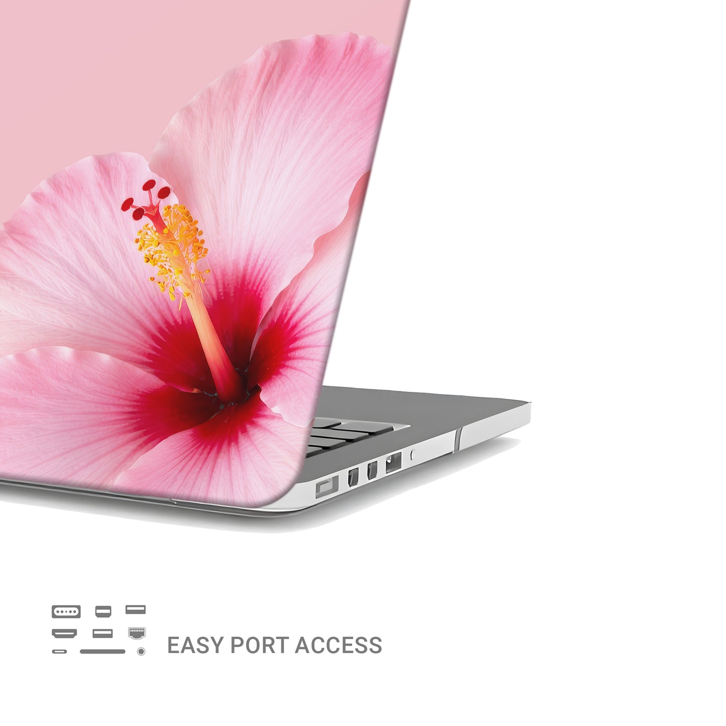 Pink hibiscus MacBook case with soft blush floral print on a slim hard shell Apple MacBook cover by Case & Charm.