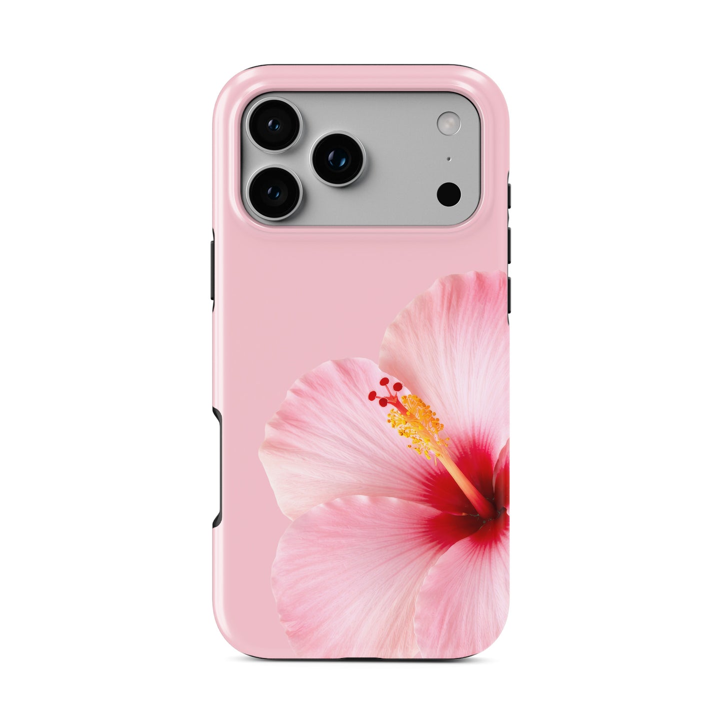 Pink hibiscus MagSafe phone case featuring a soft pink tropical flower design on a blush background with a feminine floral style.