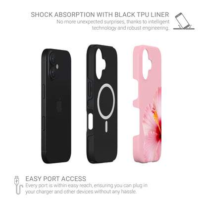 Pink hibiscus MagSafe phone case featuring a soft pink tropical flower design on a blush background with a feminine floral style.