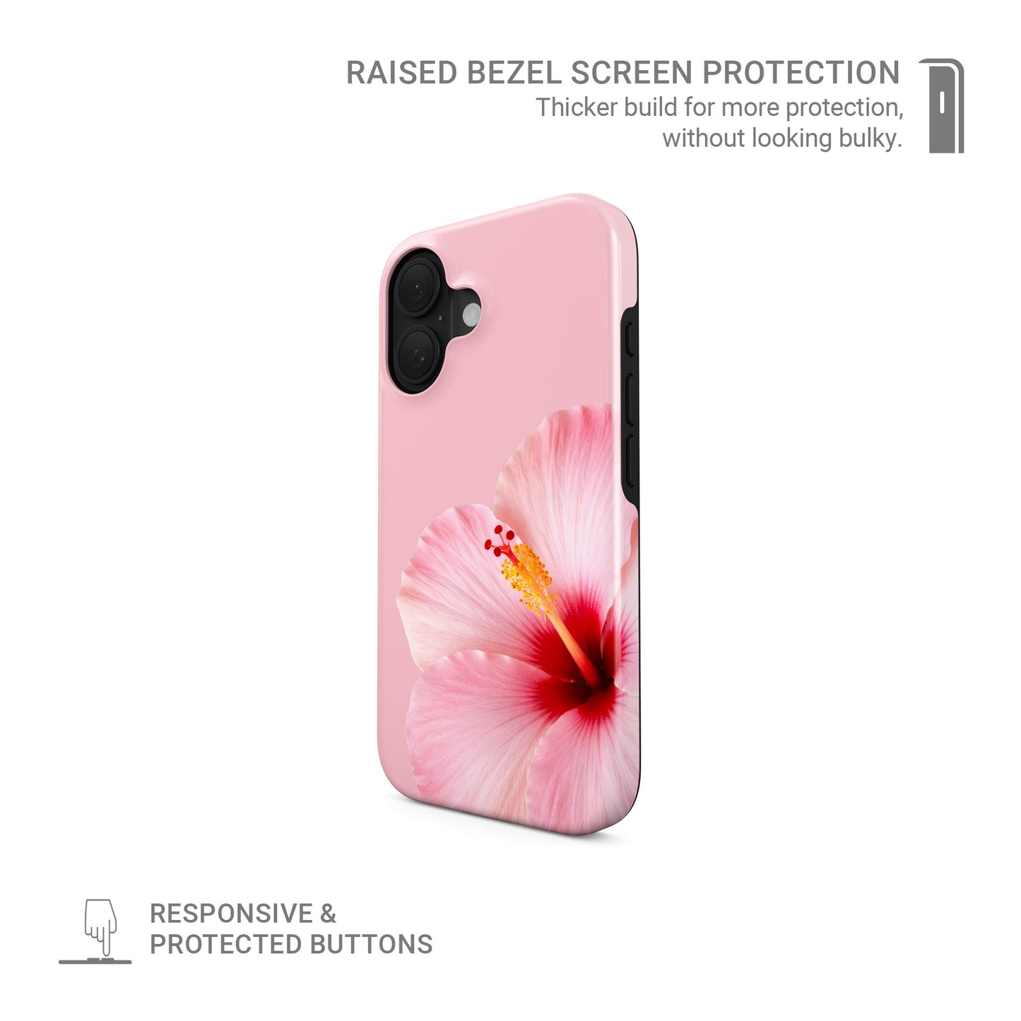 Pink hibiscus MagSafe phone case featuring a soft pink tropical flower design on a blush background with a feminine floral style.
