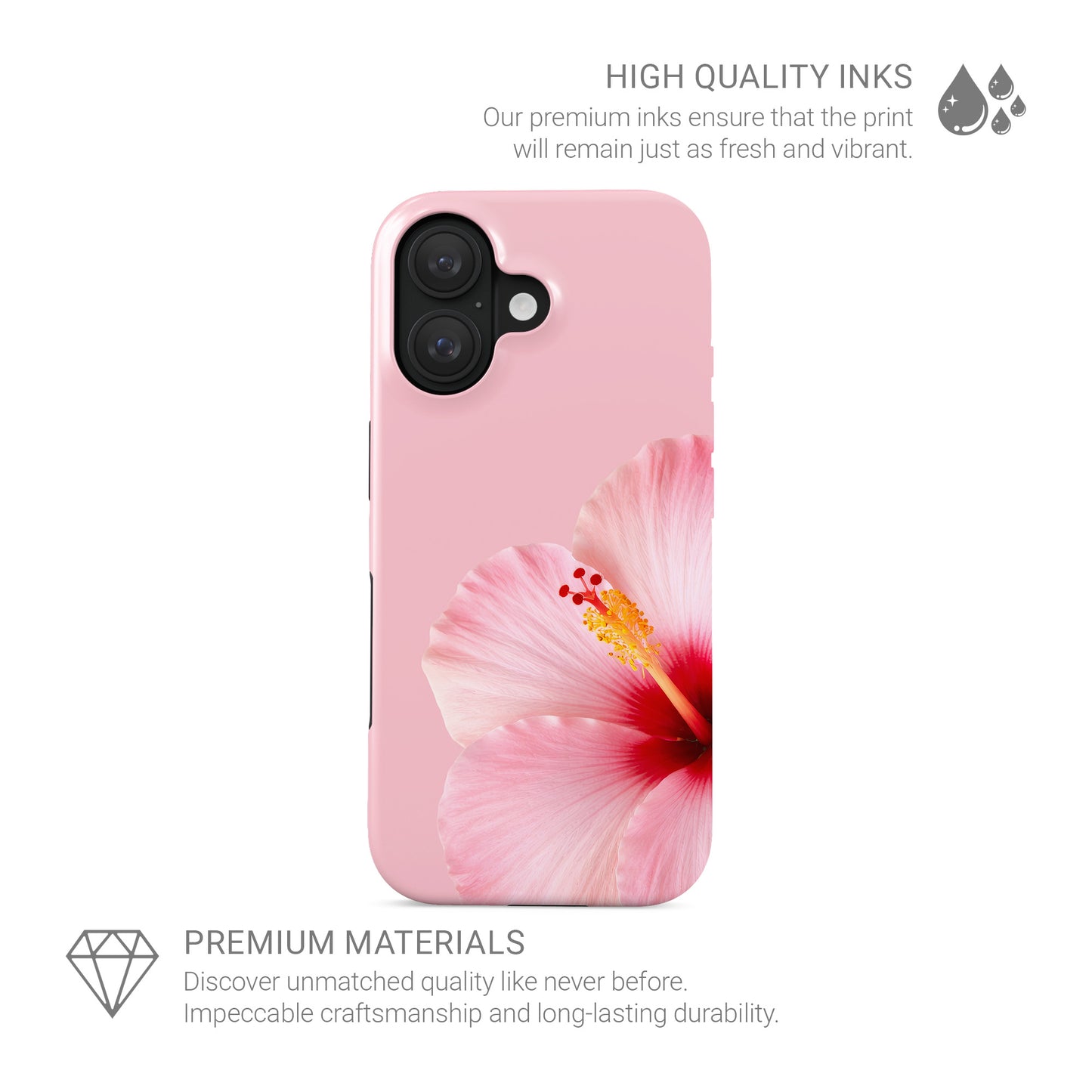 Pink hibiscus MagSafe phone case featuring a soft pink tropical flower design on a blush background with a feminine floral style.