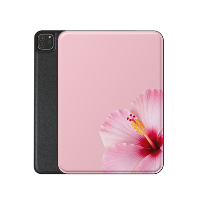 Pink hibiscus iPad case with soft blush floral print on a vegan leather Apple iPad folio case by Case & Charm.
