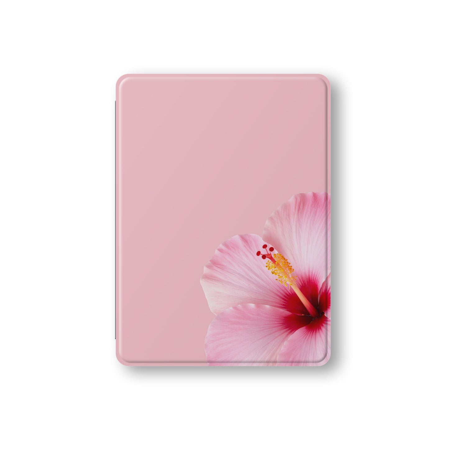 Pink hibiscus iPad case with soft blush floral print on a vegan leather Apple iPad folio case by Case & Charm.
