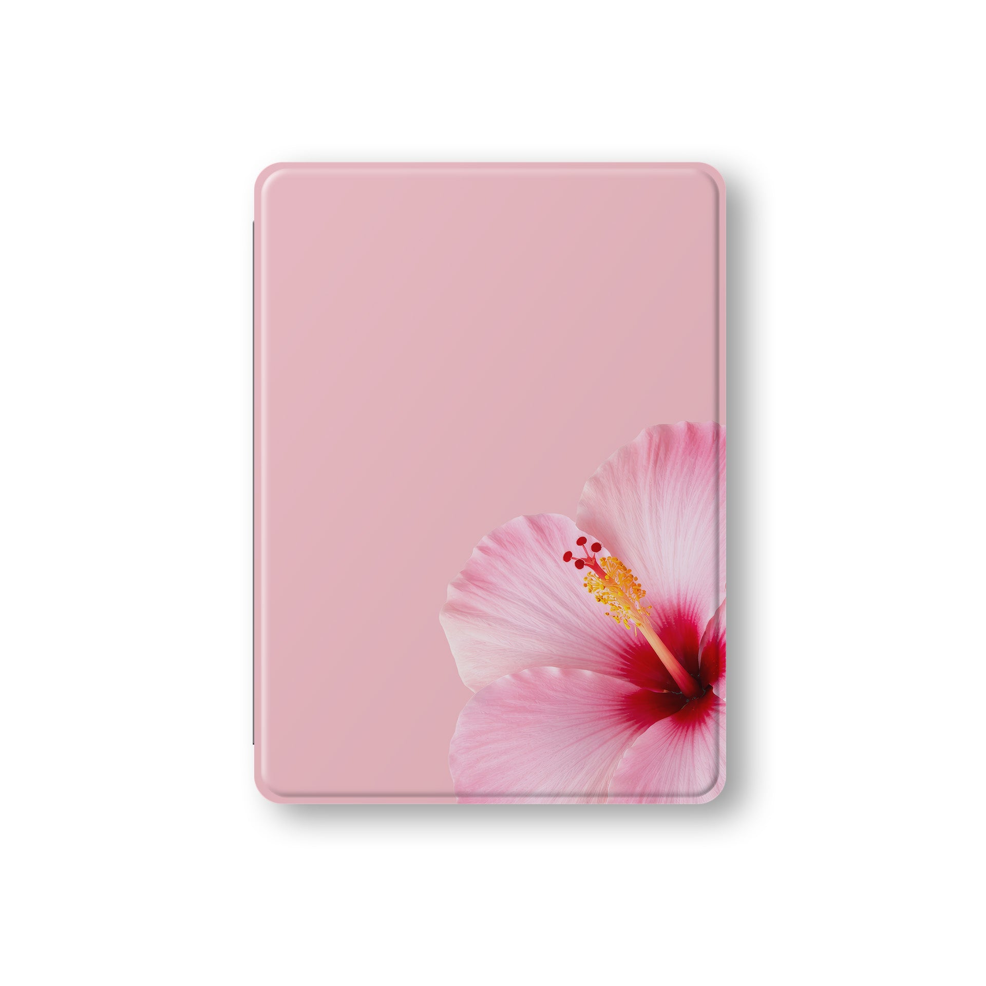 Pink hibiscus iPad case with soft blush floral print on a vegan leather Apple iPad folio case by Case & Charm.