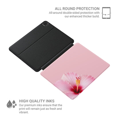Pink hibiscus iPad case with soft blush floral print on a vegan leather Apple iPad folio case by Case & Charm.