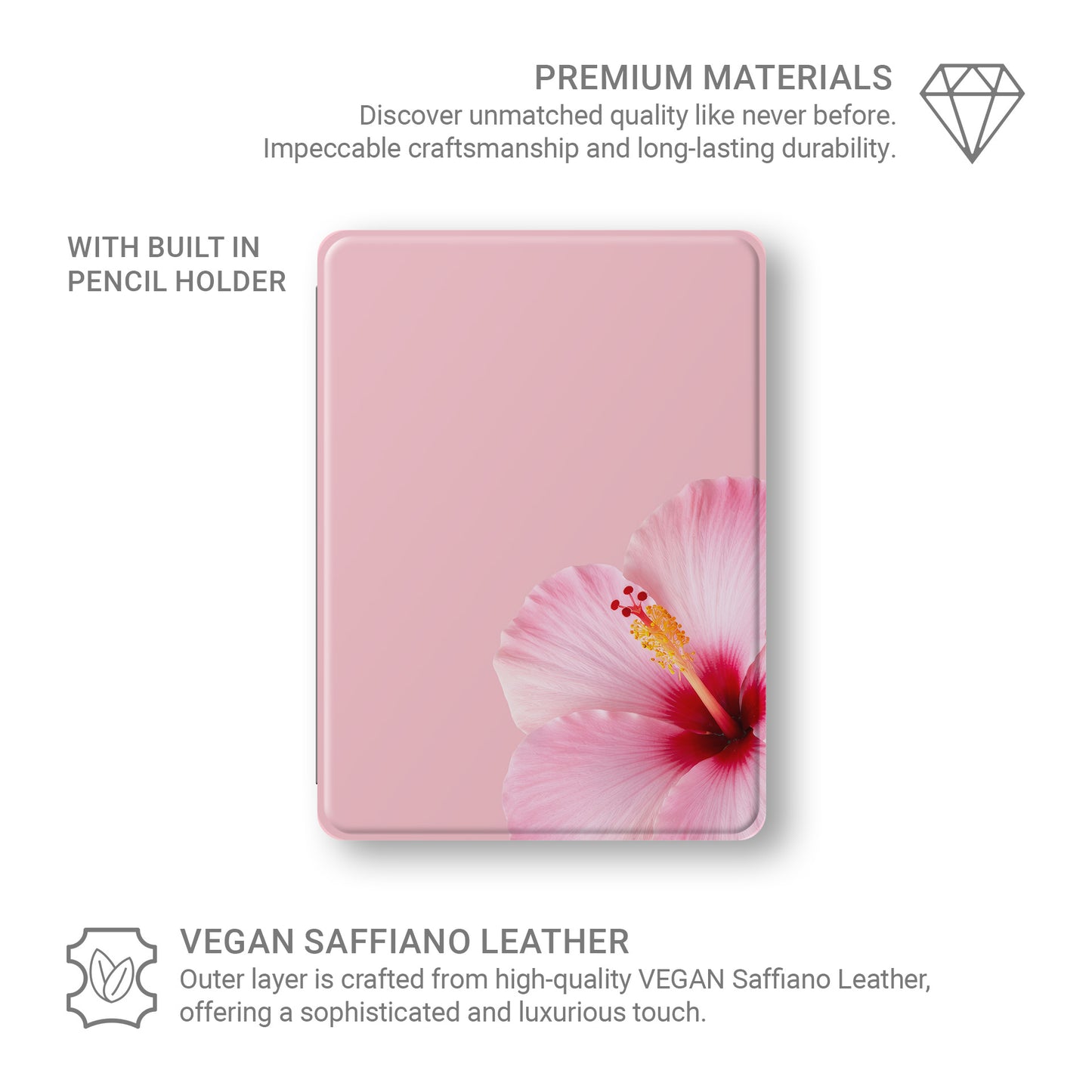 Pink hibiscus iPad case with soft blush floral print on a vegan leather Apple iPad folio case by Case & Charm.