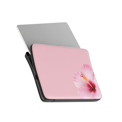 Pink hibiscus laptop sleeve with soft blush floral print on a vegan leather laptop case by Case & Charm.