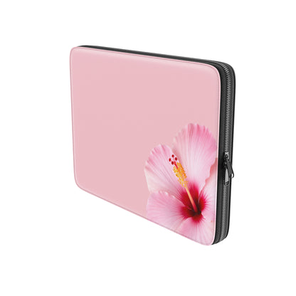 Pink hibiscus laptop sleeve with soft blush floral print on a vegan leather laptop case by Case & Charm.