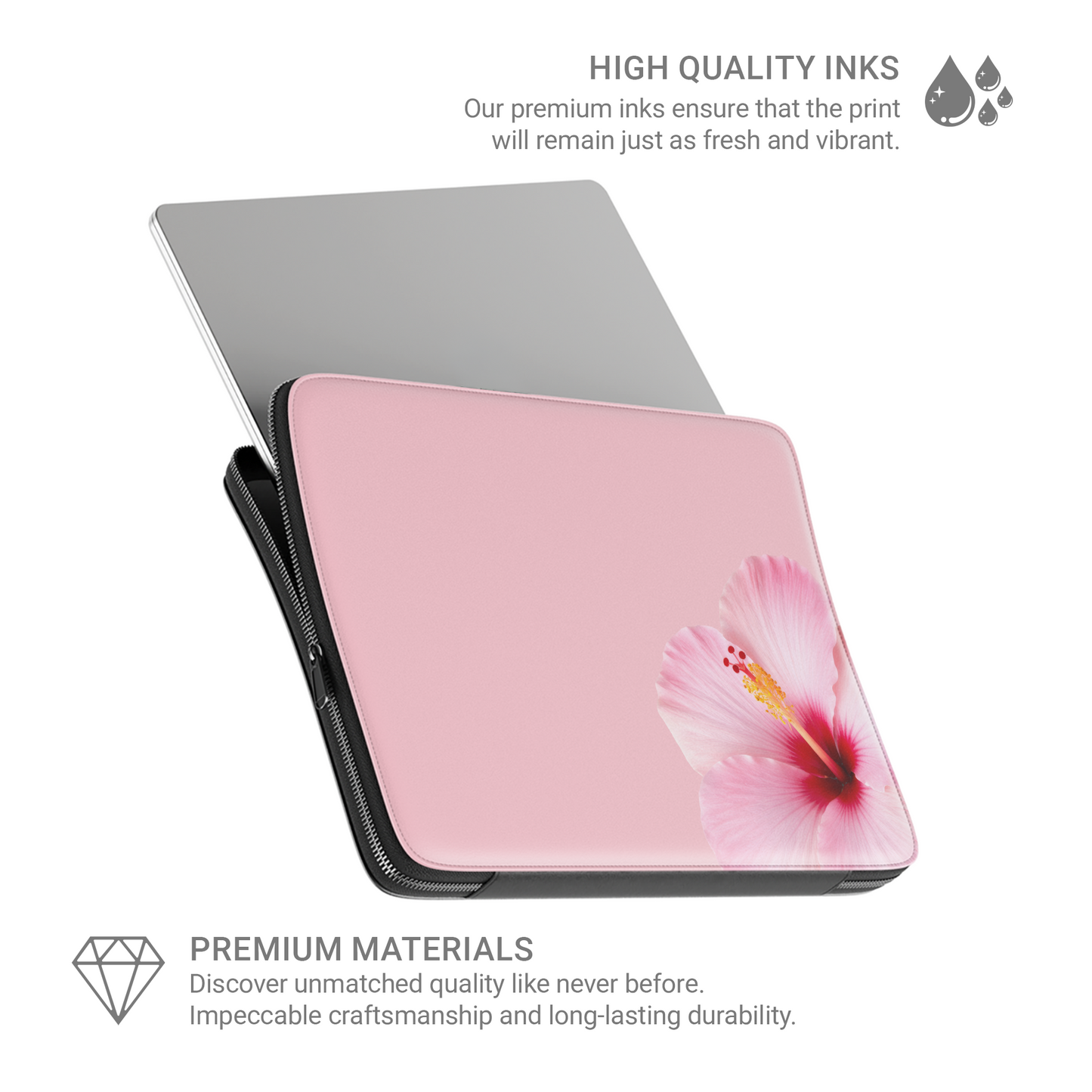 Pink hibiscus laptop sleeve with soft blush floral print on a vegan leather laptop case by Case & Charm.