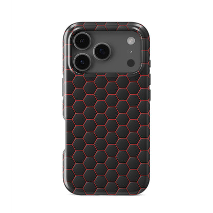 Redline Reactor tough phone case featuring a dark hexagon pattern with glowing red outlines and a glossy finish.