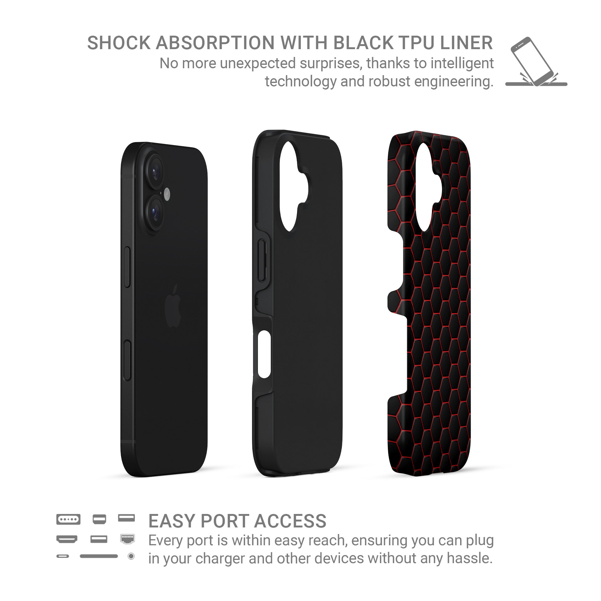 Redline Reactor tough phone case featuring a dark hexagon pattern with glowing red outlines and a glossy finish.