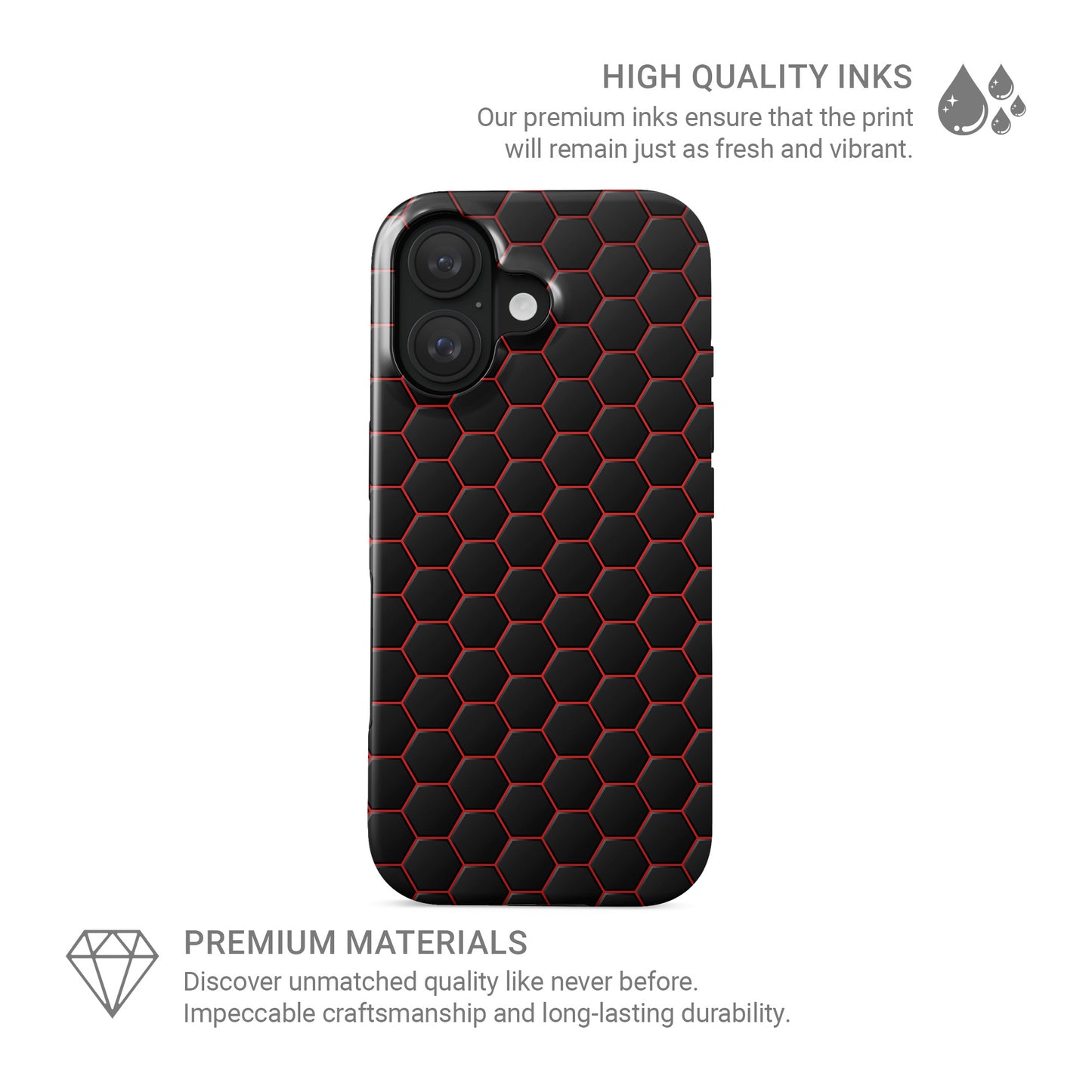 Redline Reactor tough phone case featuring a dark hexagon pattern with glowing red outlines and a glossy finish.
