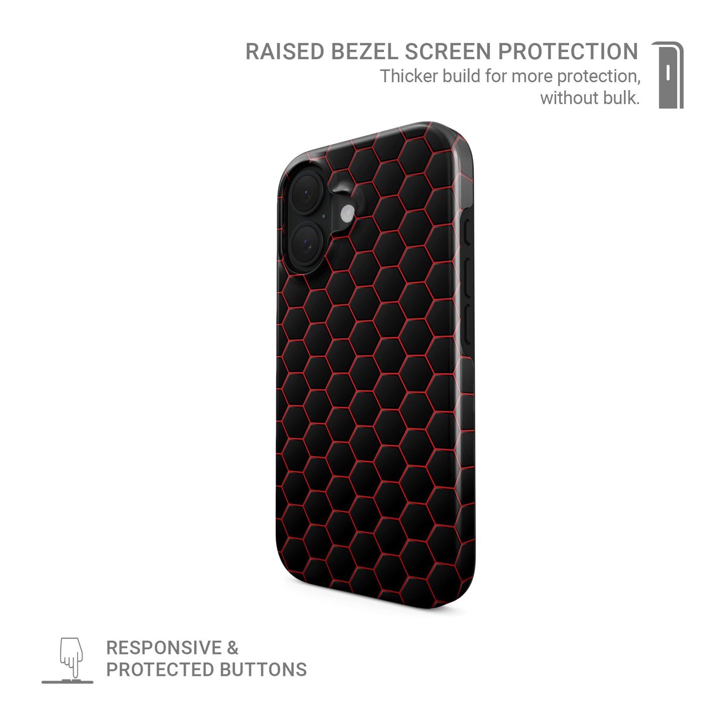 Redline Reactor tough phone case featuring a dark hexagon pattern with glowing red outlines and a glossy finish.