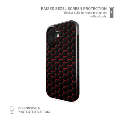 Redline Reactor tough phone case featuring a dark hexagon pattern with glowing red outlines and a glossy finish.